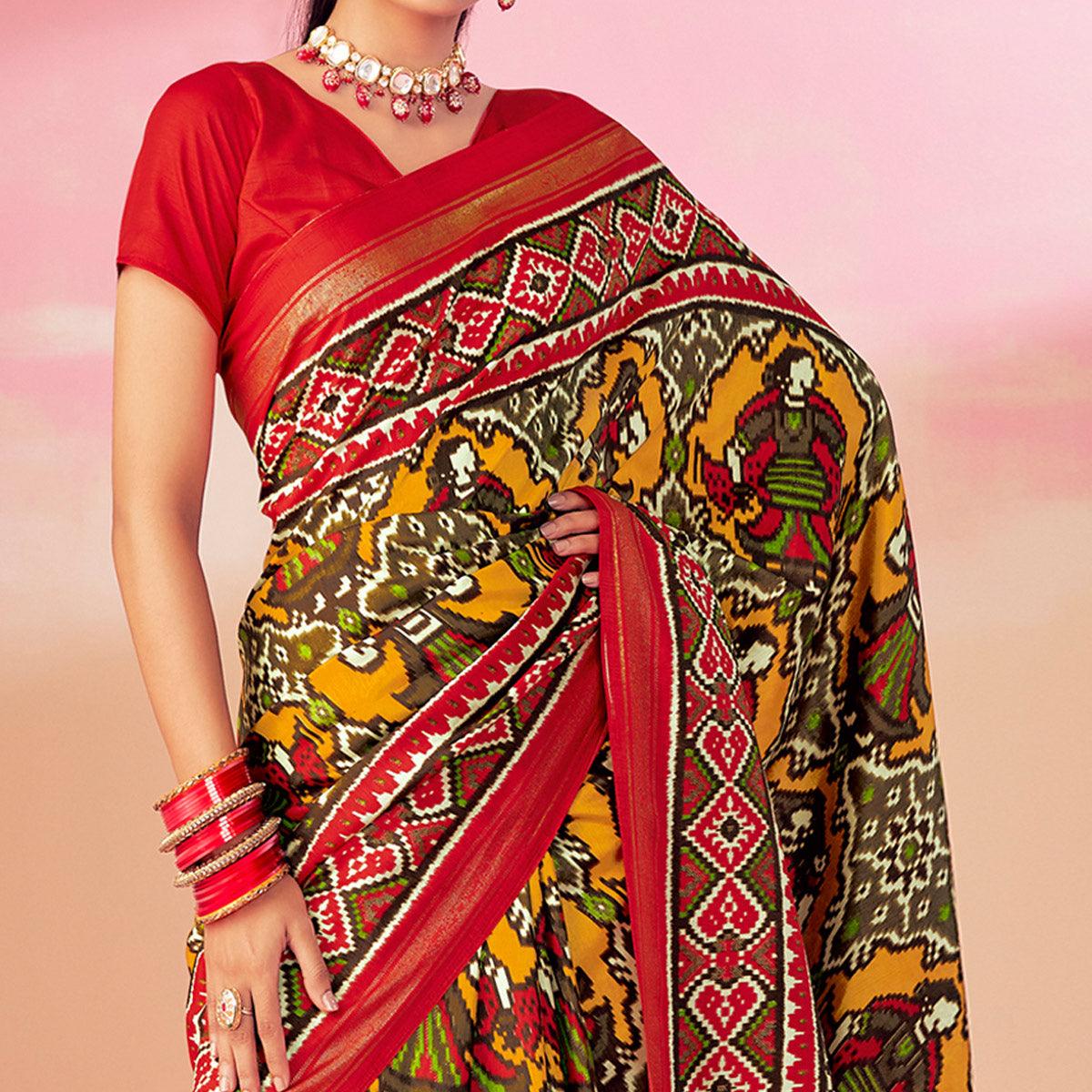 Yellow-Red Patola Printed Art Silk Saree With Tassels - Peachmode