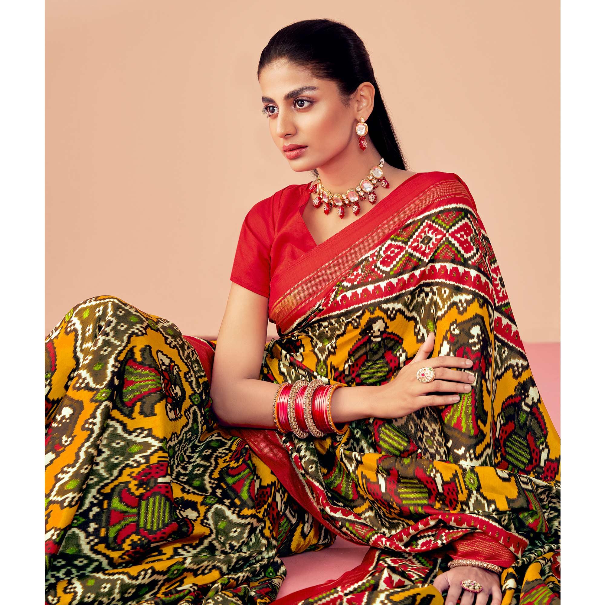 Yellow-Red Patola Printed Art Silk Saree With Tassels - Peachmode