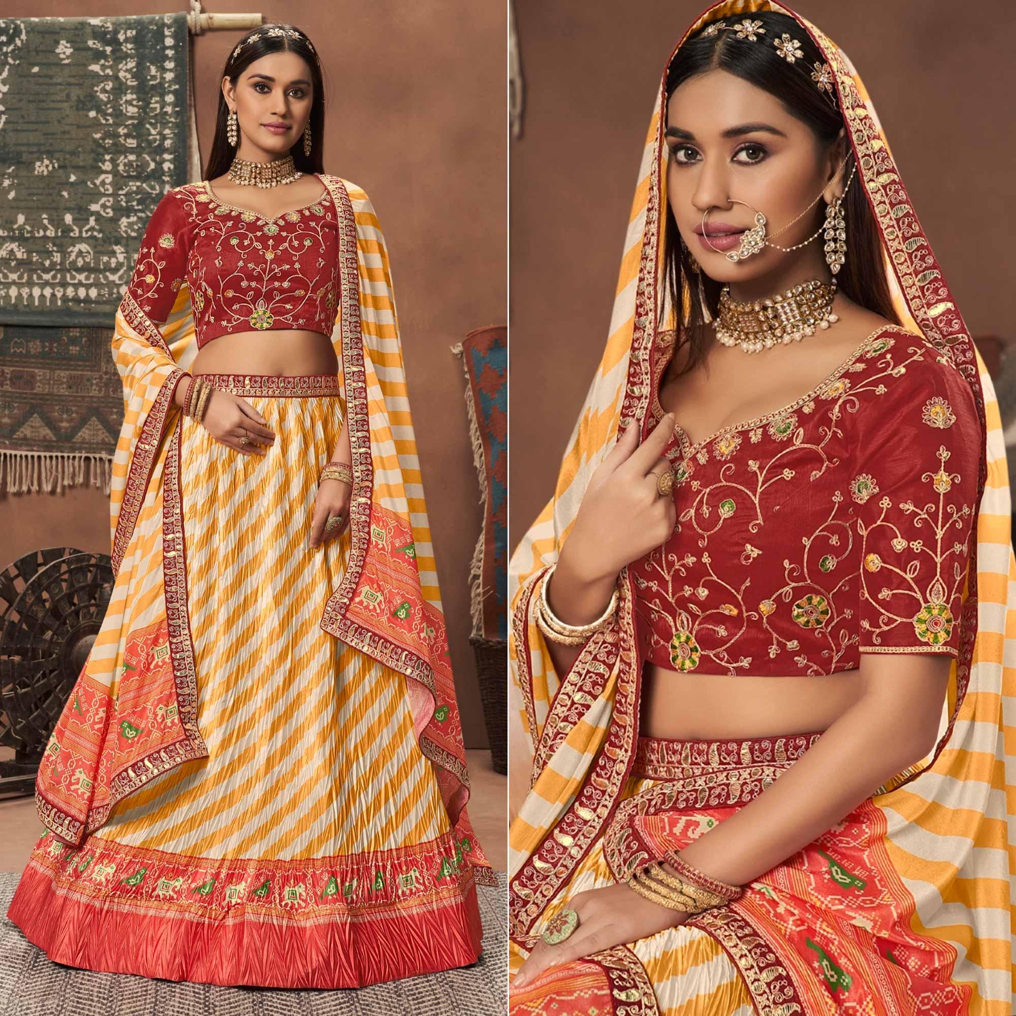 Yellow-Red Stripes Printed Art Silk Lehenga Choli - Peachmode