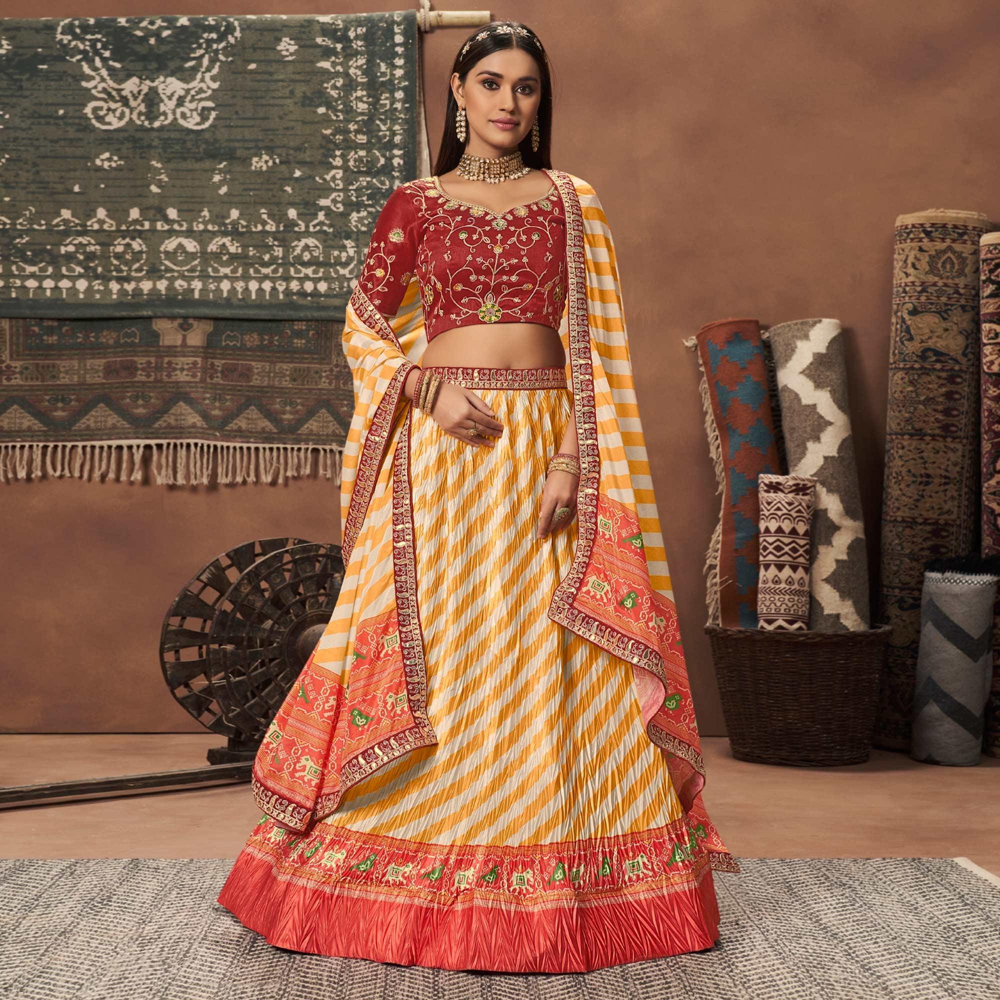 Yellow-Red Stripes Printed Art Silk Lehenga Choli - Peachmode