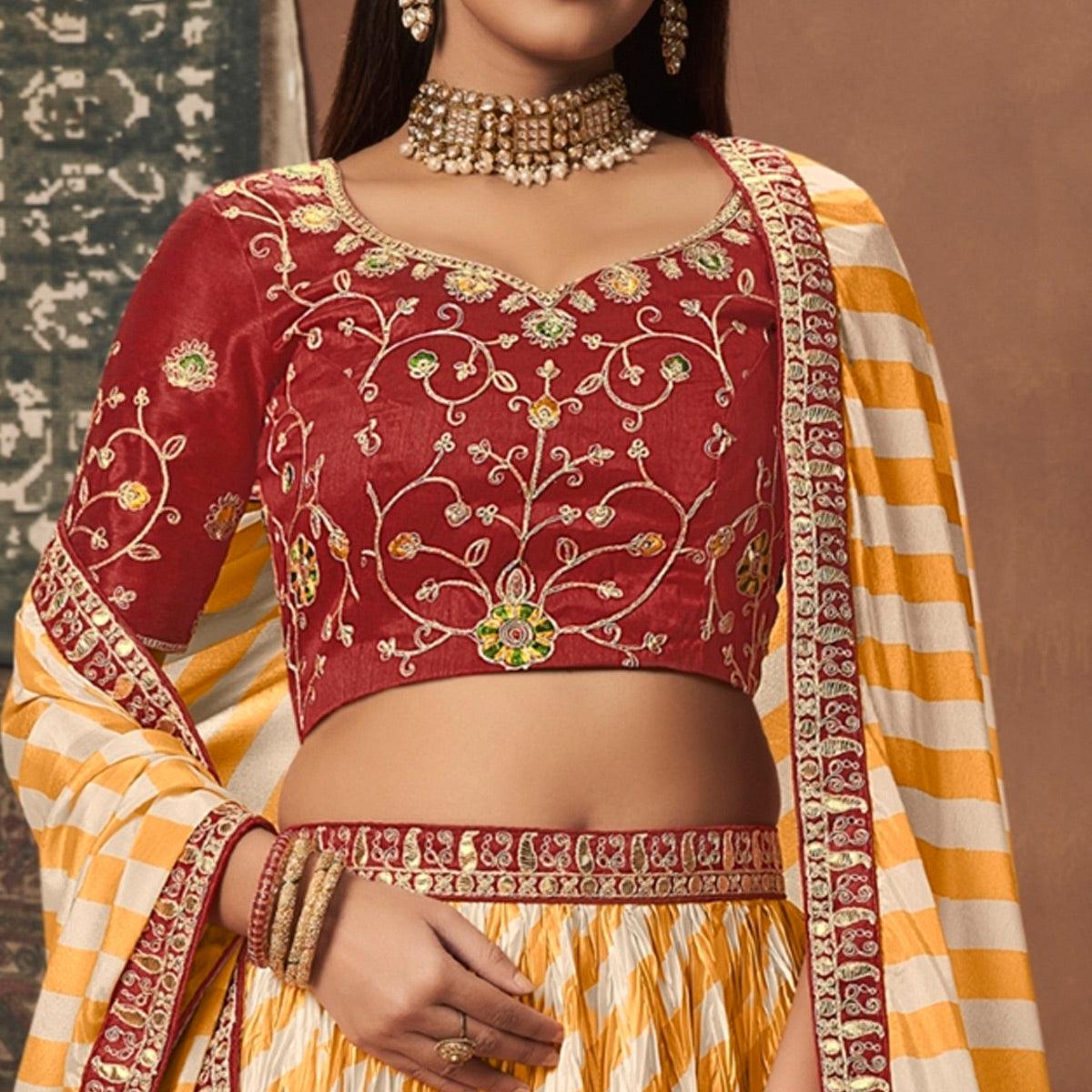 Yellow-Red Stripes Printed Art Silk Lehenga Choli - Peachmode