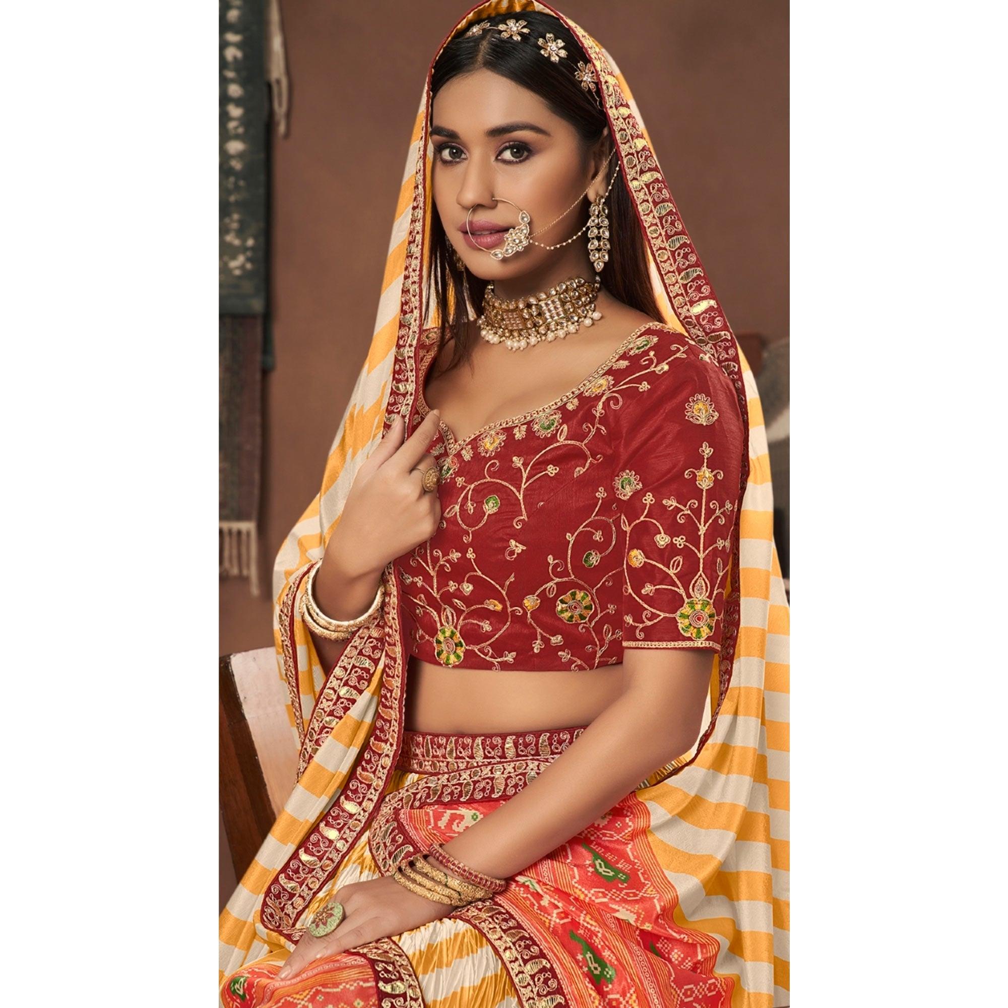 Yellow-Red Stripes Printed Art Silk Lehenga Choli - Peachmode