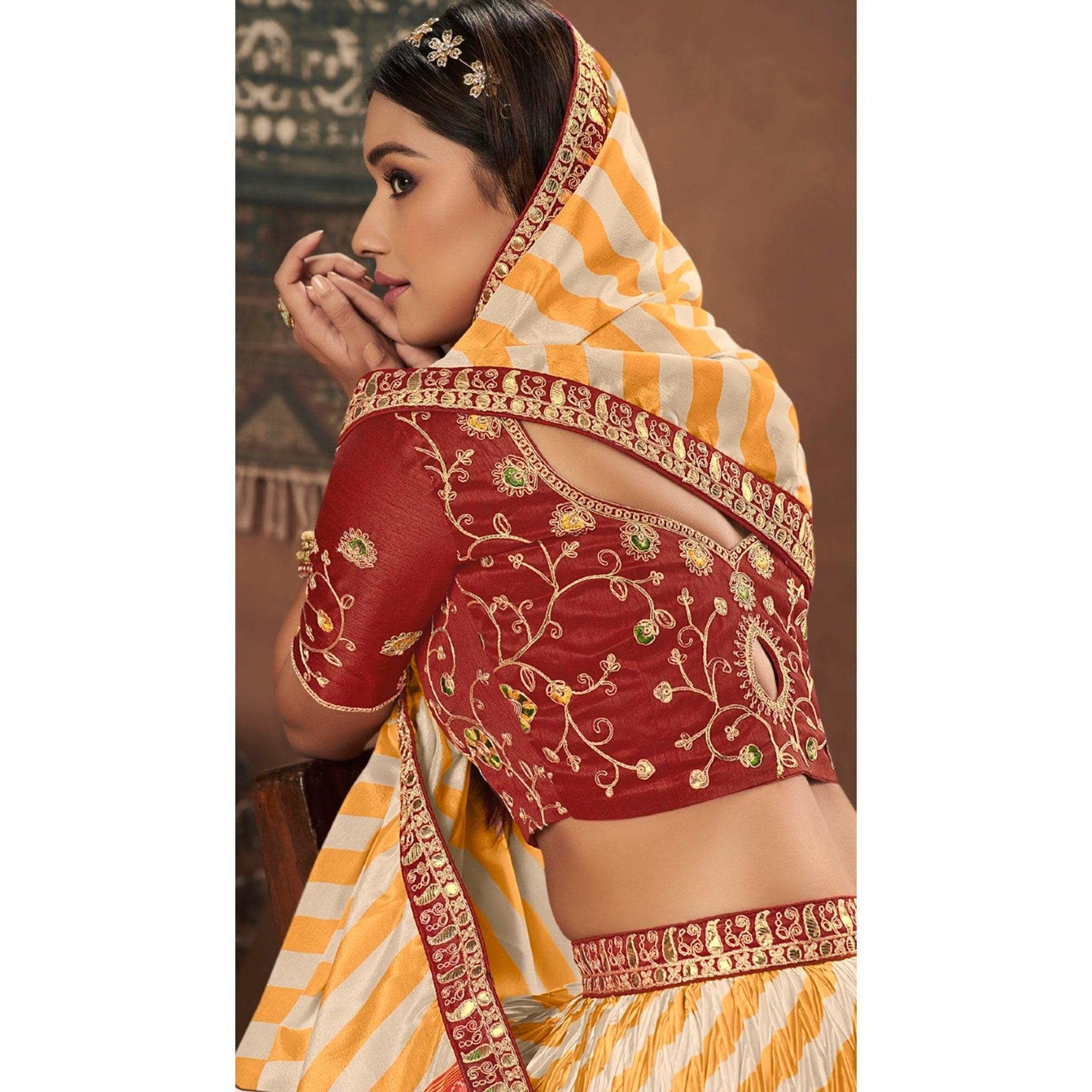 Yellow-Red Stripes Printed Art Silk Lehenga Choli - Peachmode