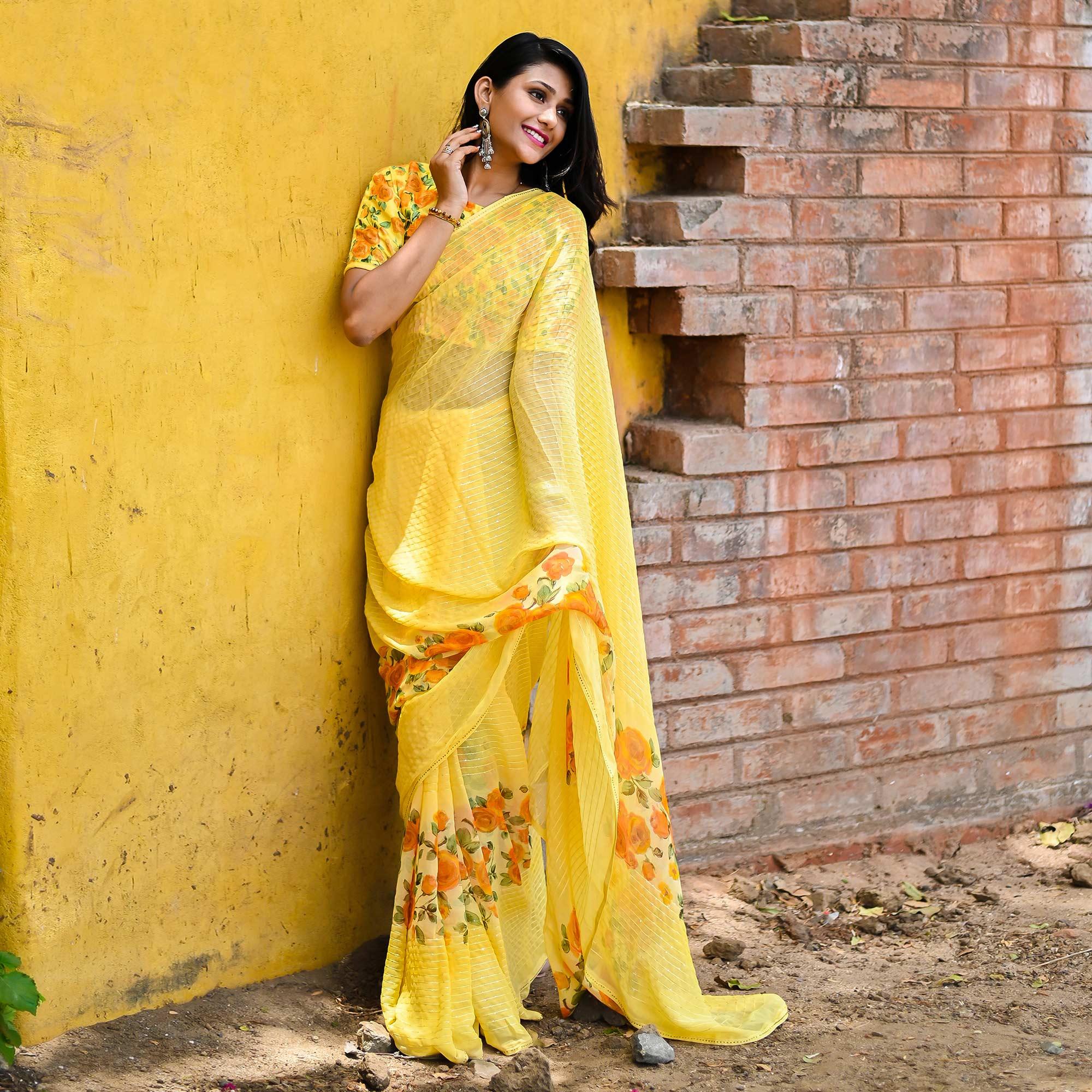 Yellow Sequence Embroidered Art Silk Saree - Peachmode