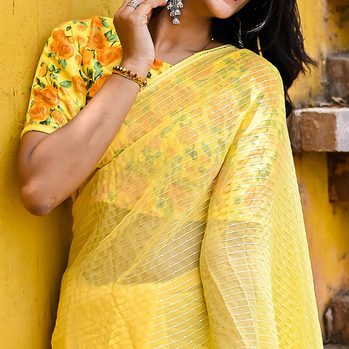 Yellow Sequence Embroidered Art Silk Saree - Peachmode