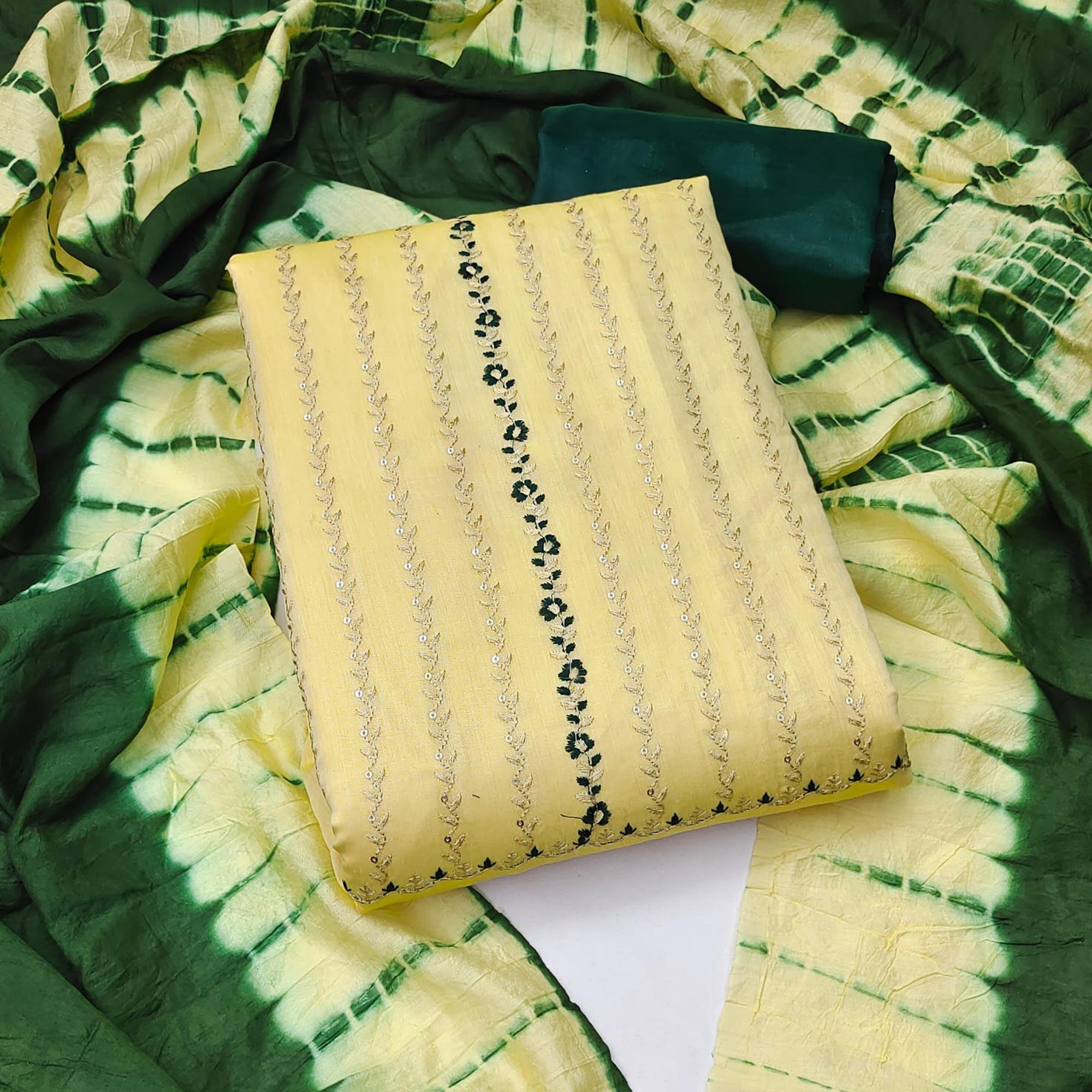 Yellow Sequence Embroidered Chanderi Dress Material - Peachmode