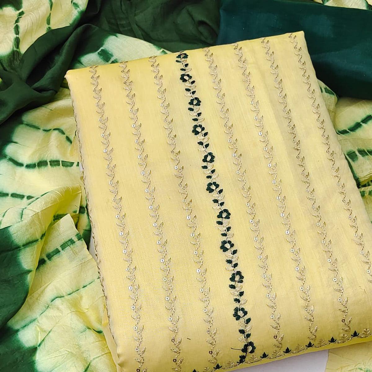 Yellow Sequence Embroidered Chanderi Dress Material - Peachmode