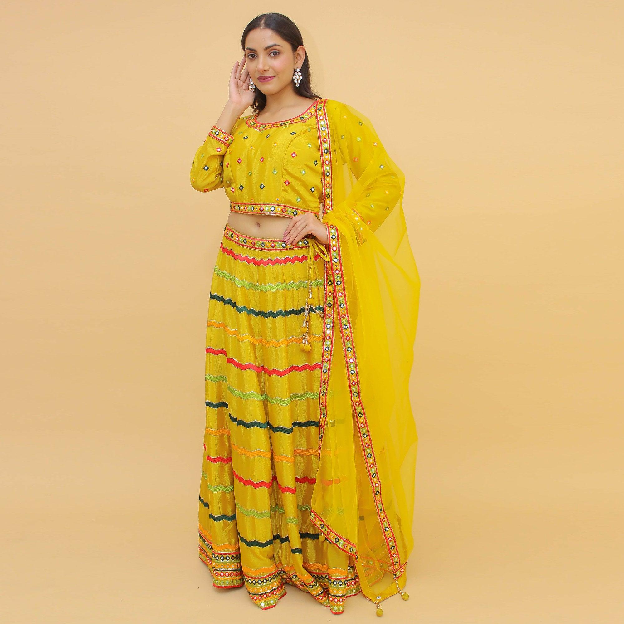 Yellow Sequence Embroidered Chiffon Lehenga Choli - Peachmode