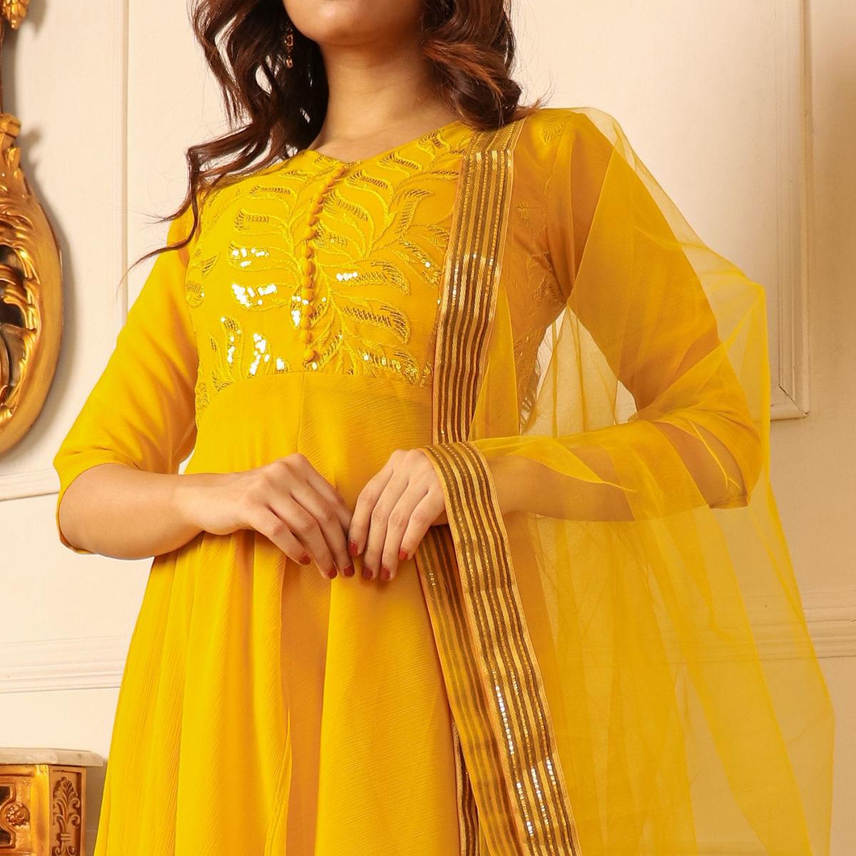 Yellow Sequence Embroidered Chiffon Palazzo Suit - Peachmode