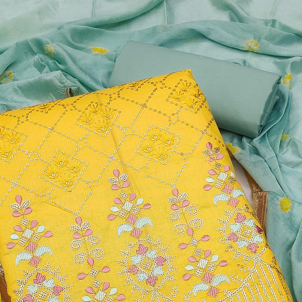 Yellow Sequence Embroidered Cotton Dress Material - Peachmode