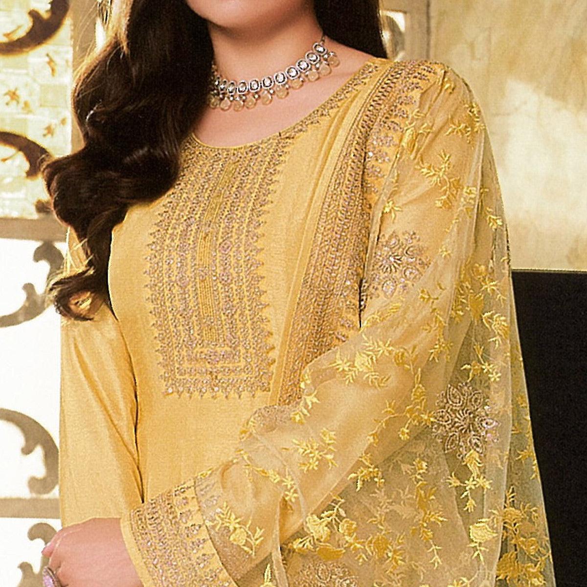 Yellow Sequence Embroidered Dola Silk Anarkali Style Gown - Peachmode