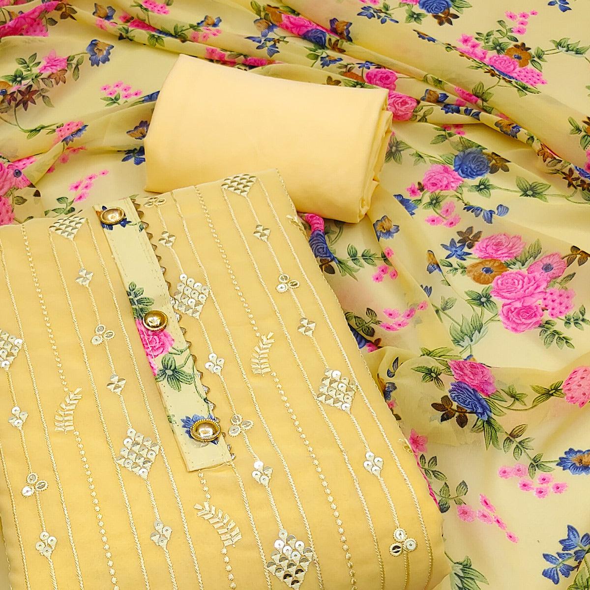 Yellow Sequence Embroidered Georgette Dress Material - Peachmode