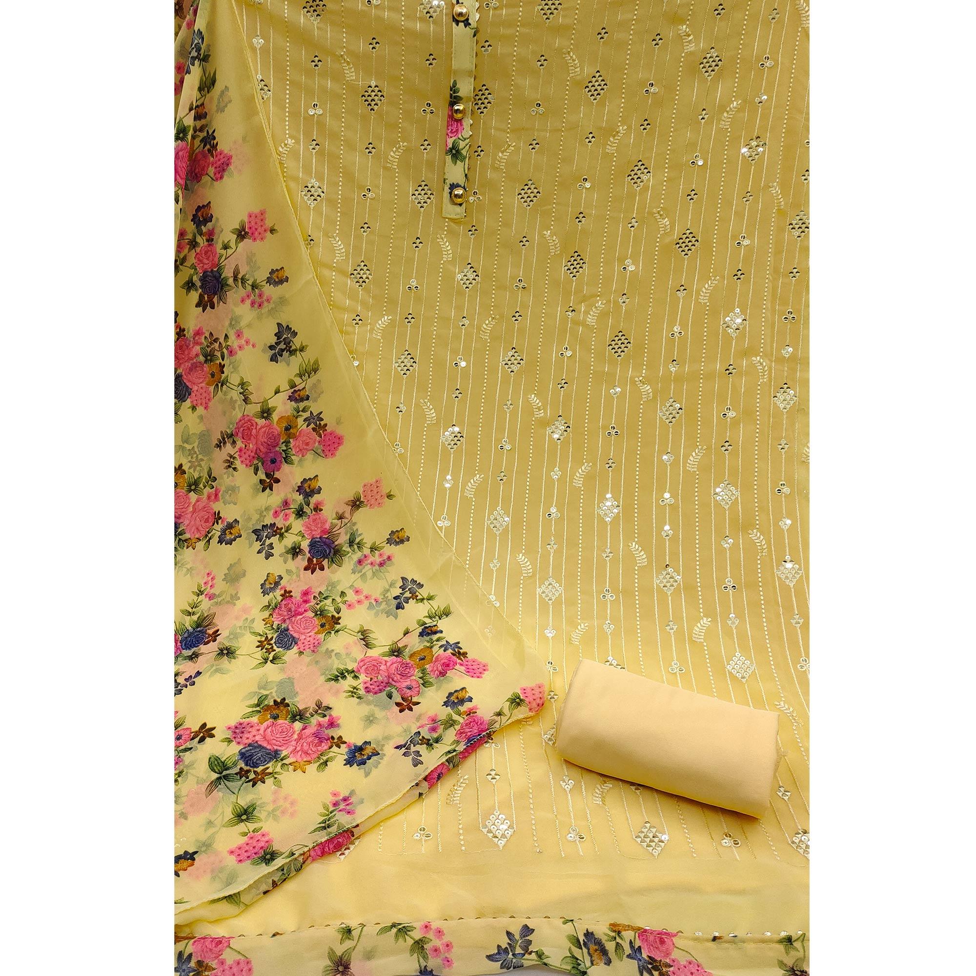 Yellow Sequence Embroidered Georgette Dress Material - Peachmode