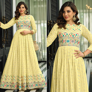 Yellow Sequence Embroidered Georgette Gown - Peachmode