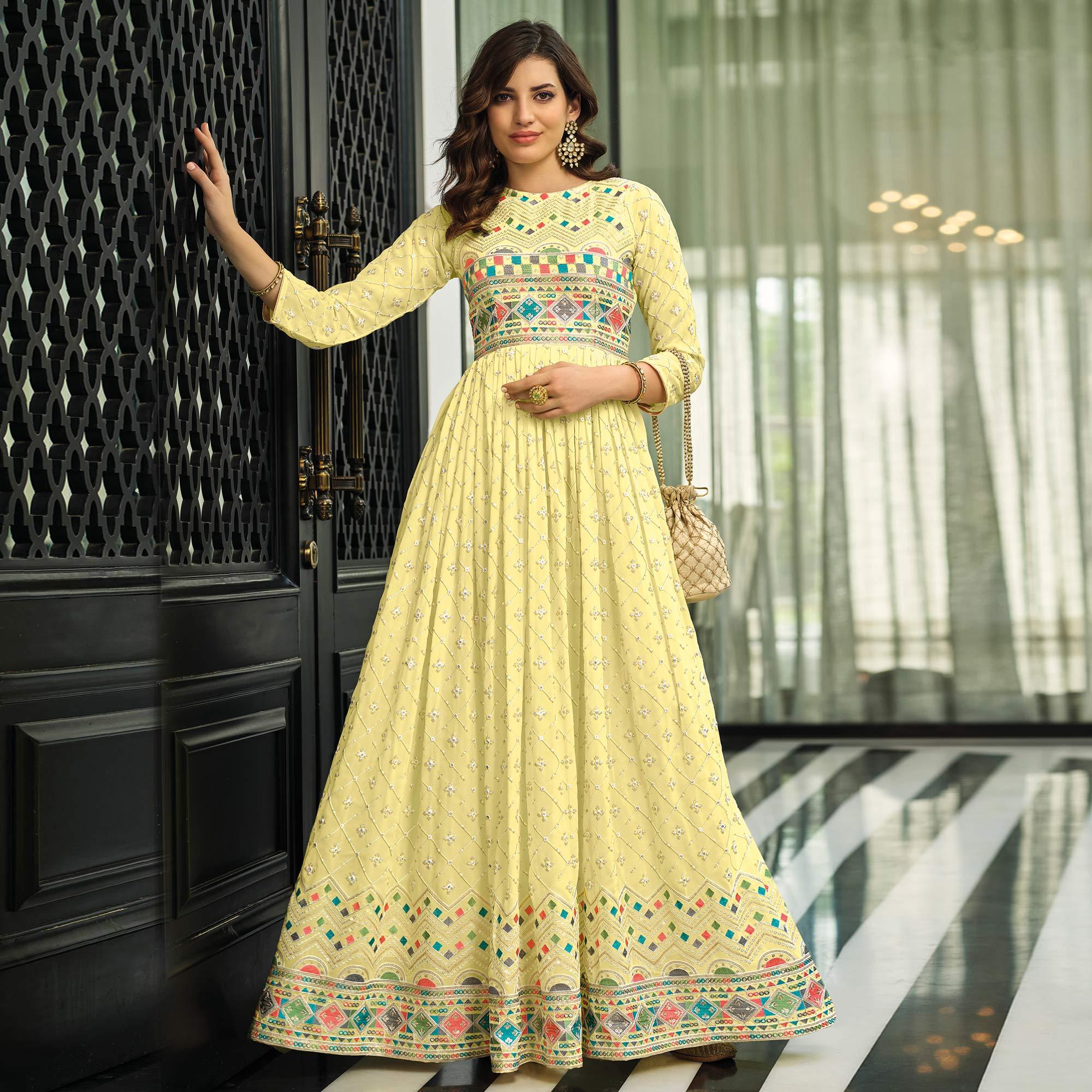 Yellow Sequence Embroidered Georgette Gown - Peachmode