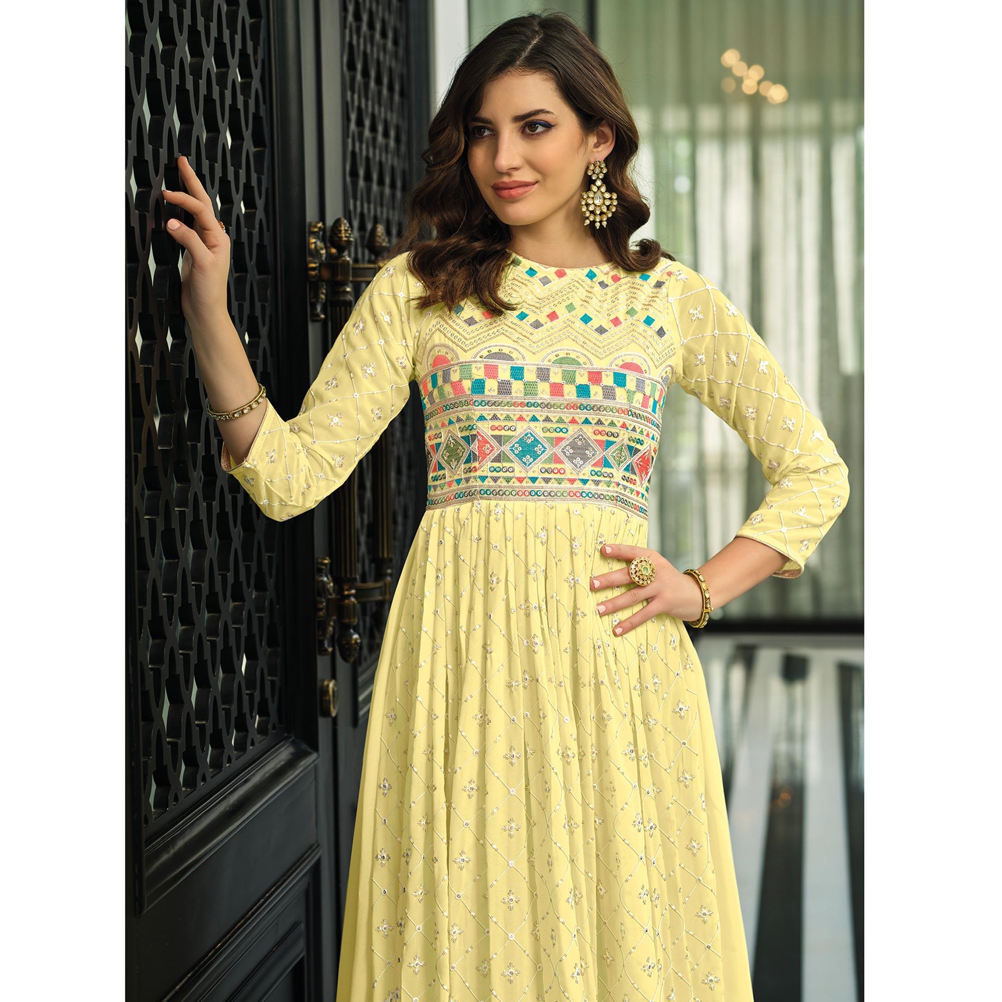 Yellow Sequence Embroidered Georgette Gown - Peachmode