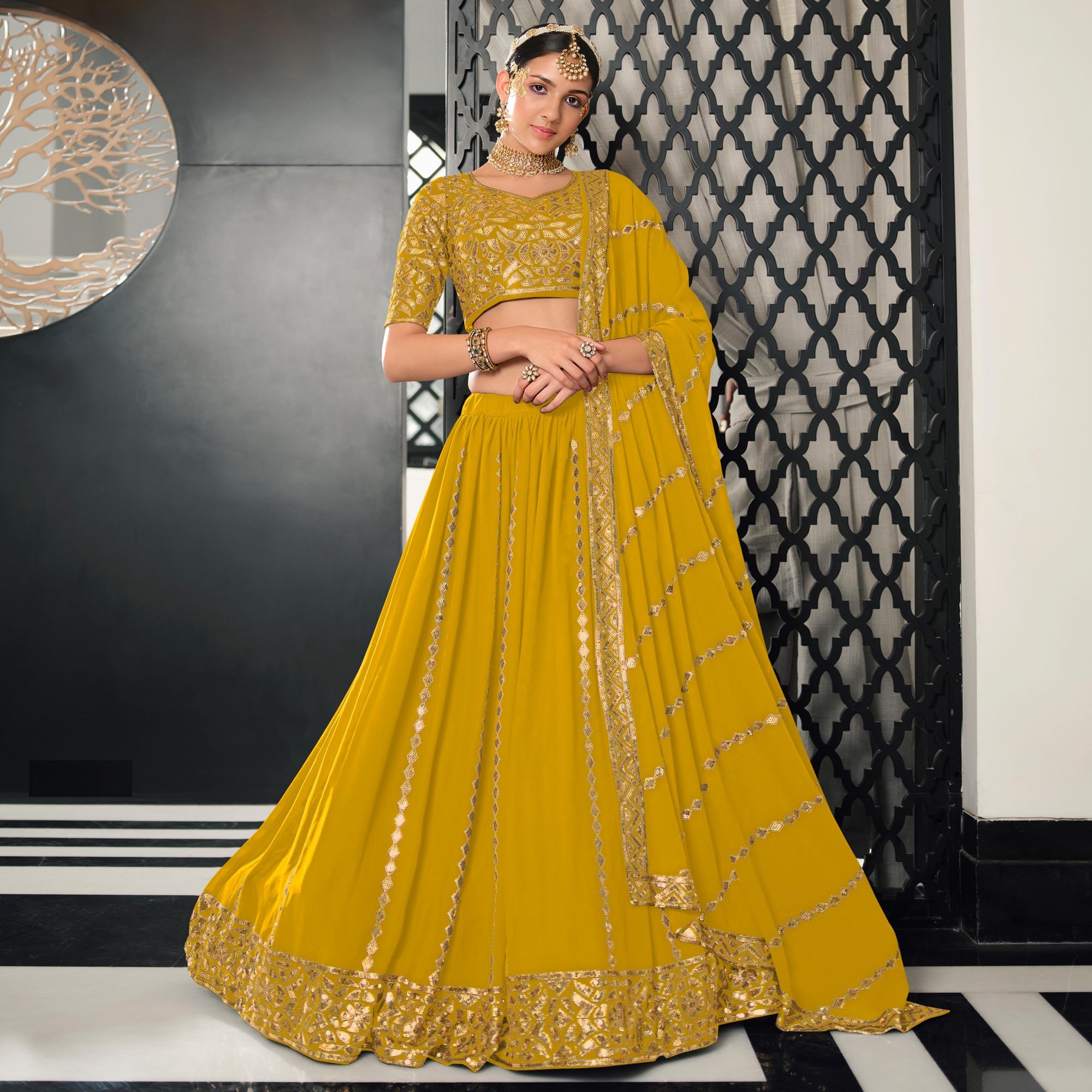 Yellow Sequence Embroidered Georgette Lehenga Choli - Peachmode