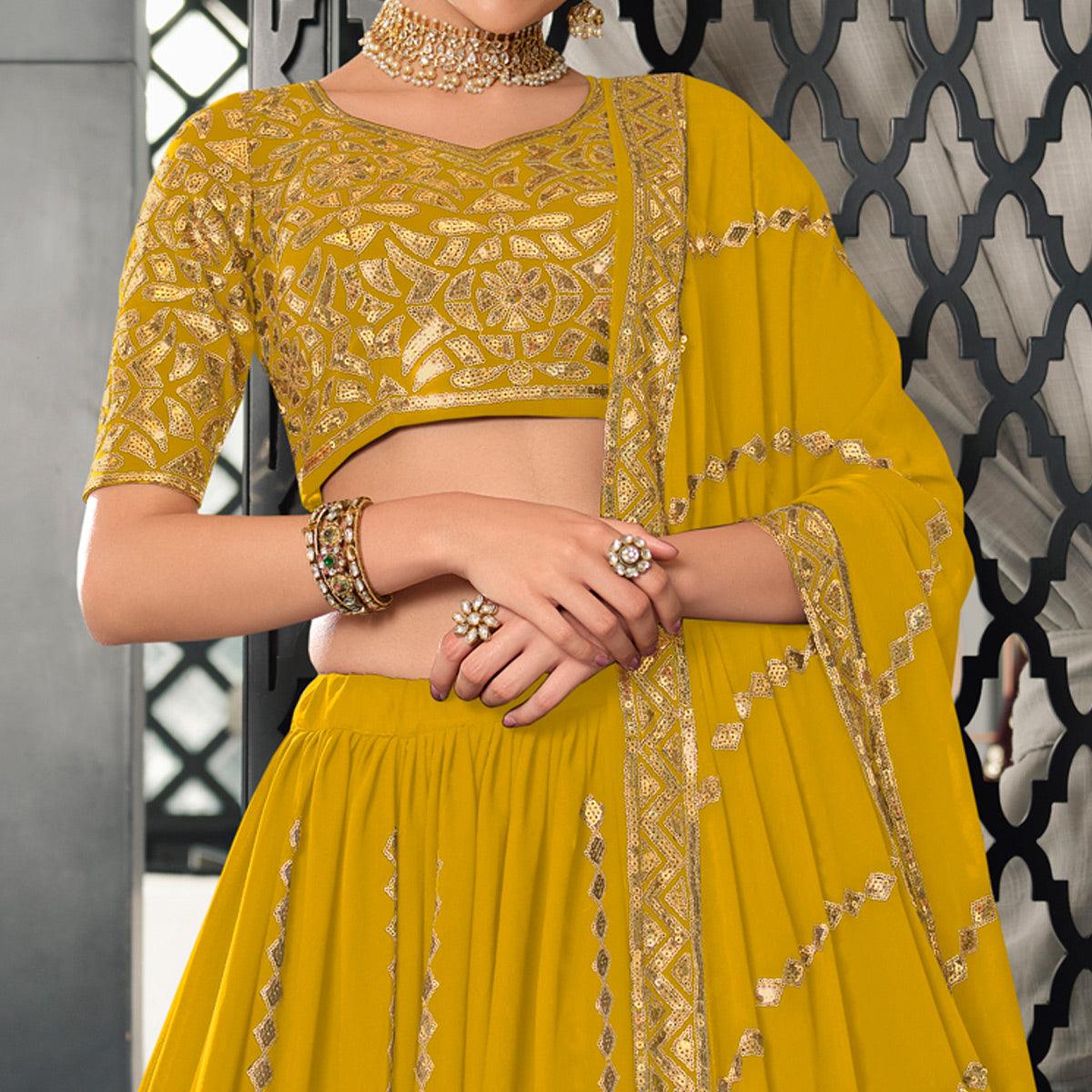 Yellow Sequence Embroidered Georgette Lehenga Choli - Peachmode