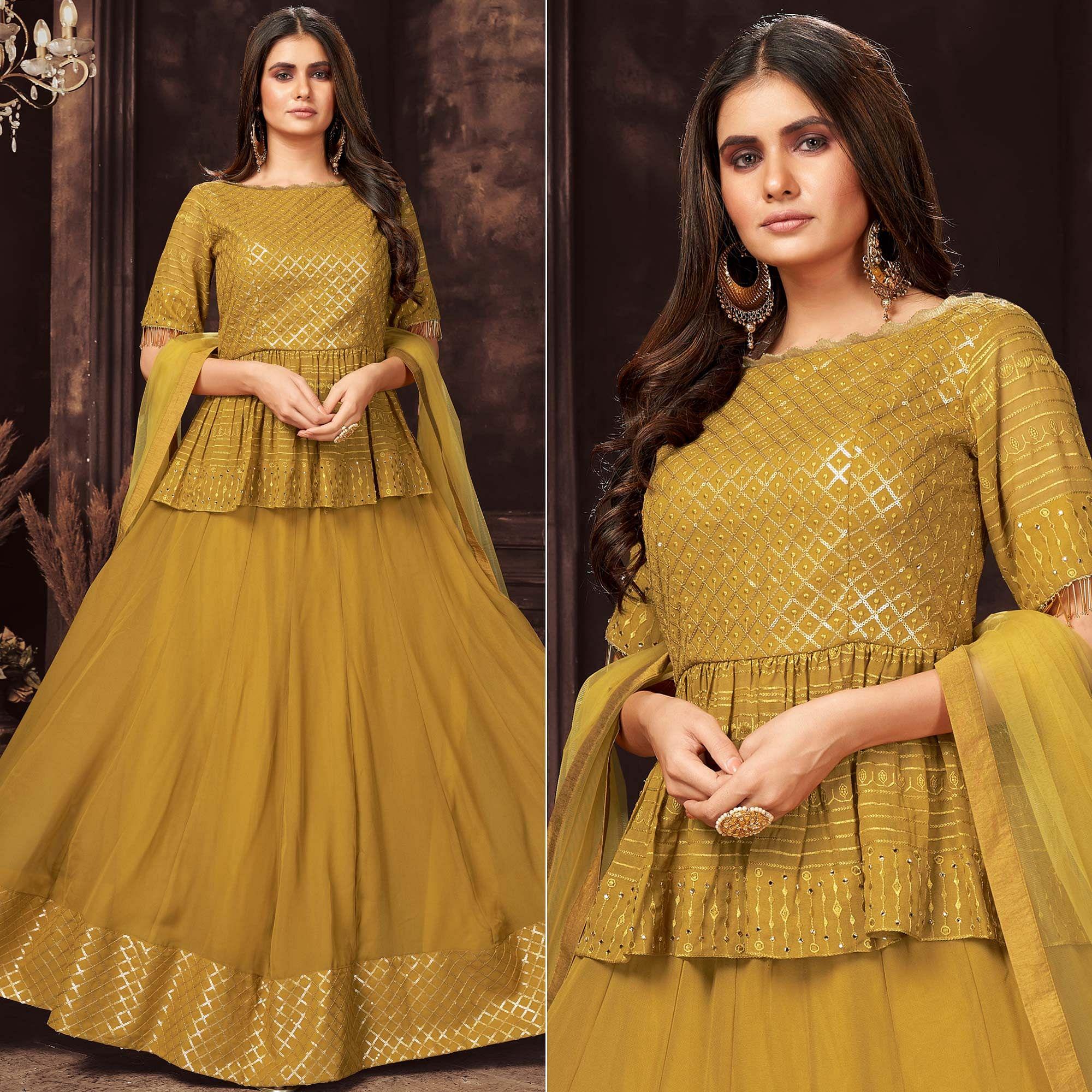 Yellow Sequence Embroidered Georgette Palazzo Suit - Peachmode