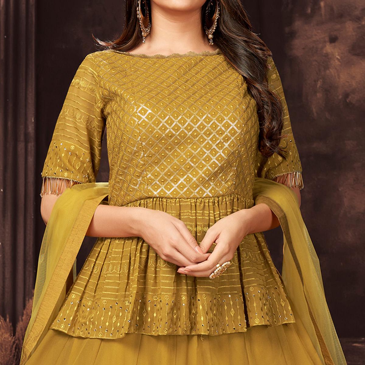 Yellow Sequence Embroidered Georgette Palazzo Suit - Peachmode