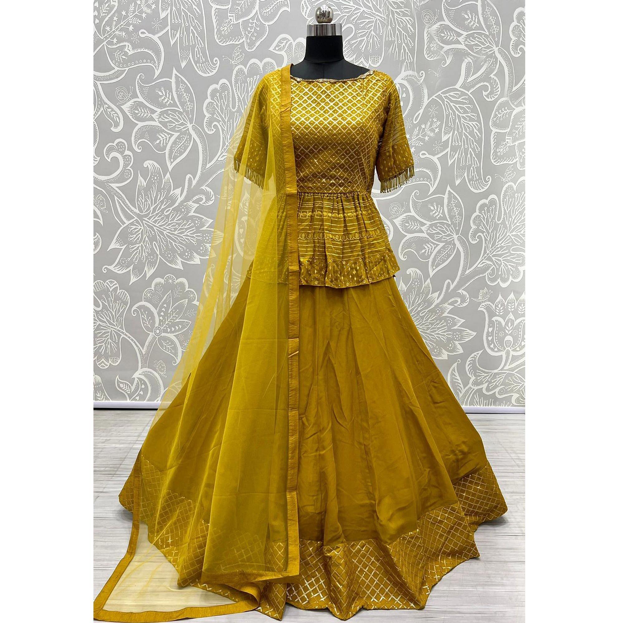 Yellow Sequence Embroidered Georgette Palazzo Suit - Peachmode