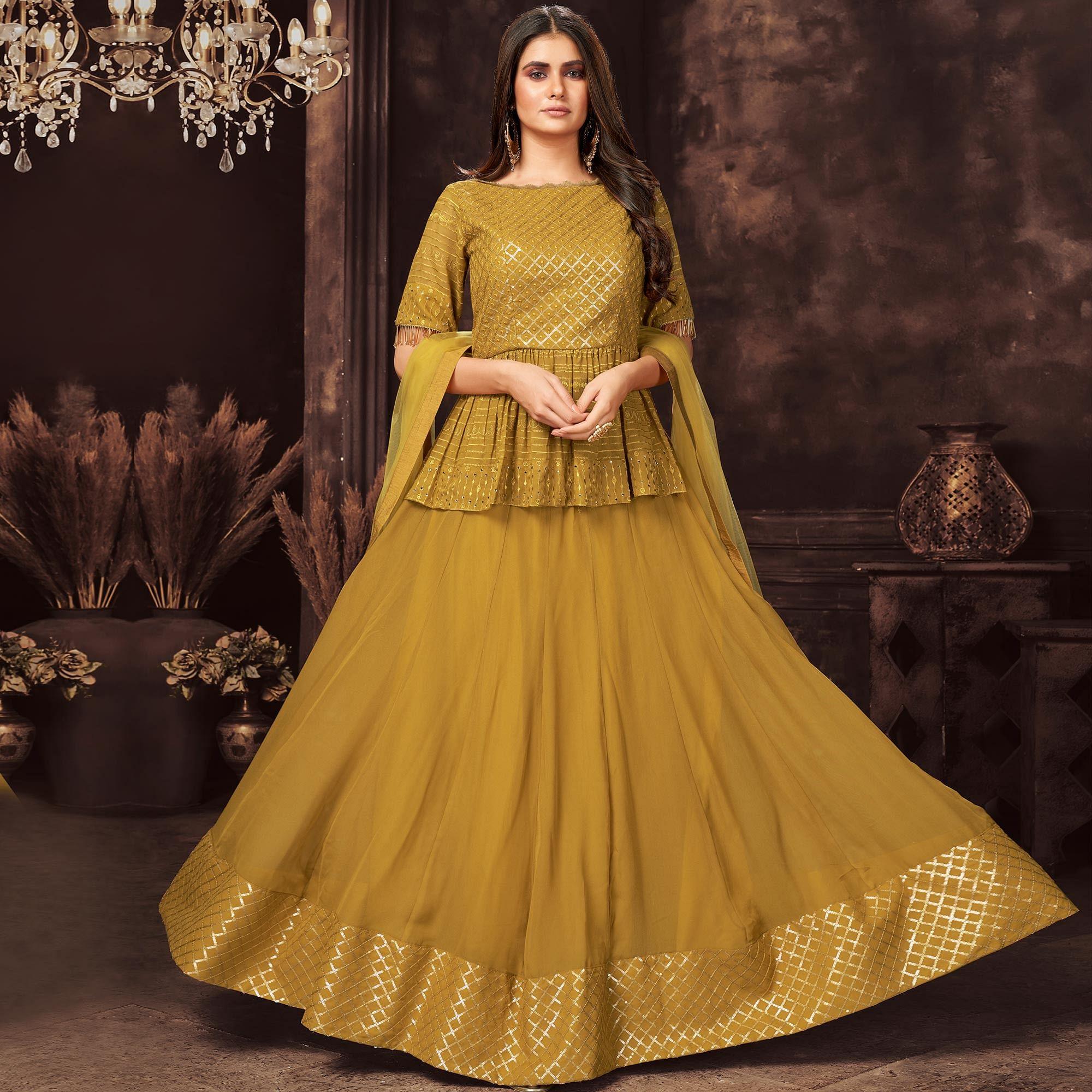 Yellow Sequence Embroidered Georgette Palazzo Suit - Peachmode