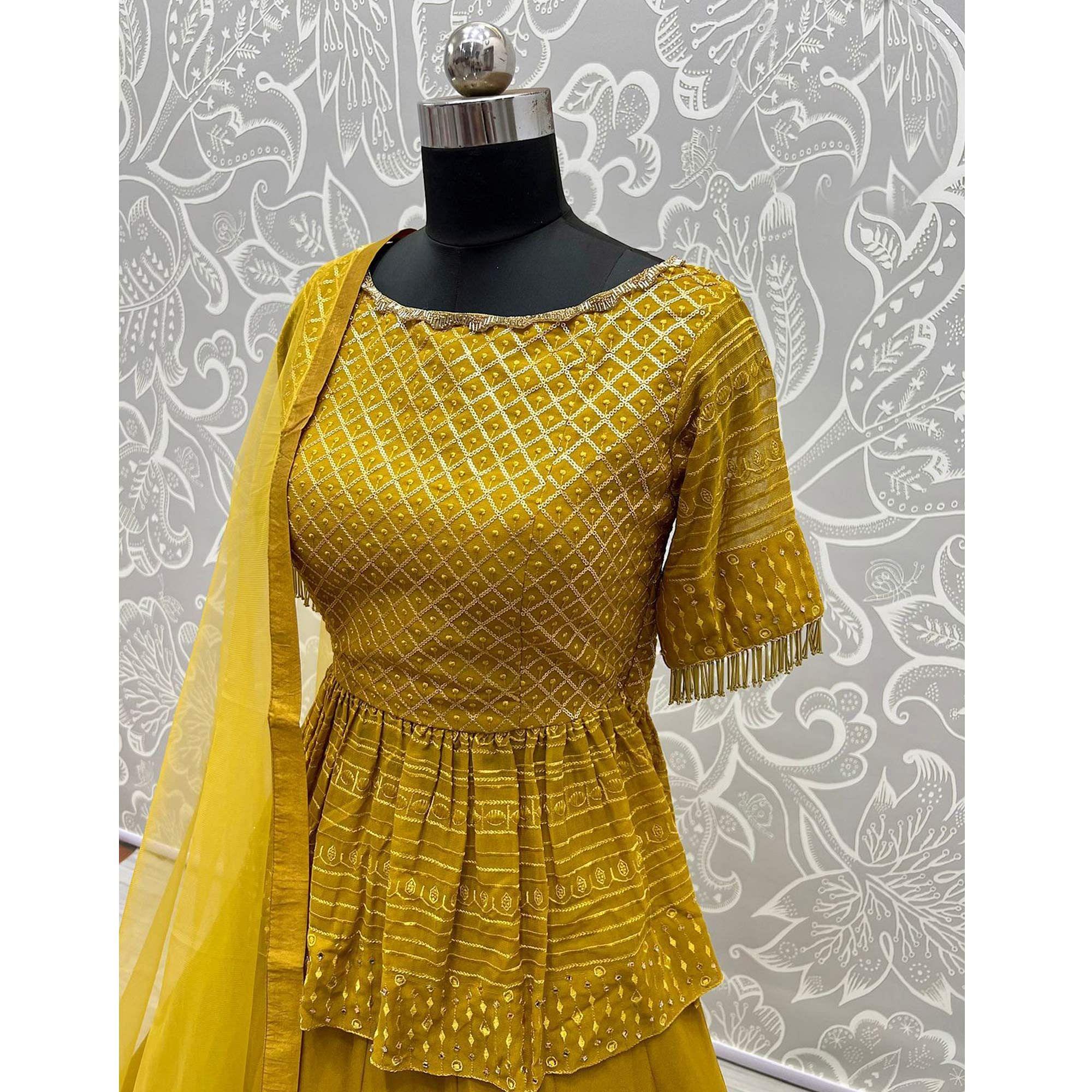 Yellow Sequence Embroidered Georgette Palazzo Suit - Peachmode