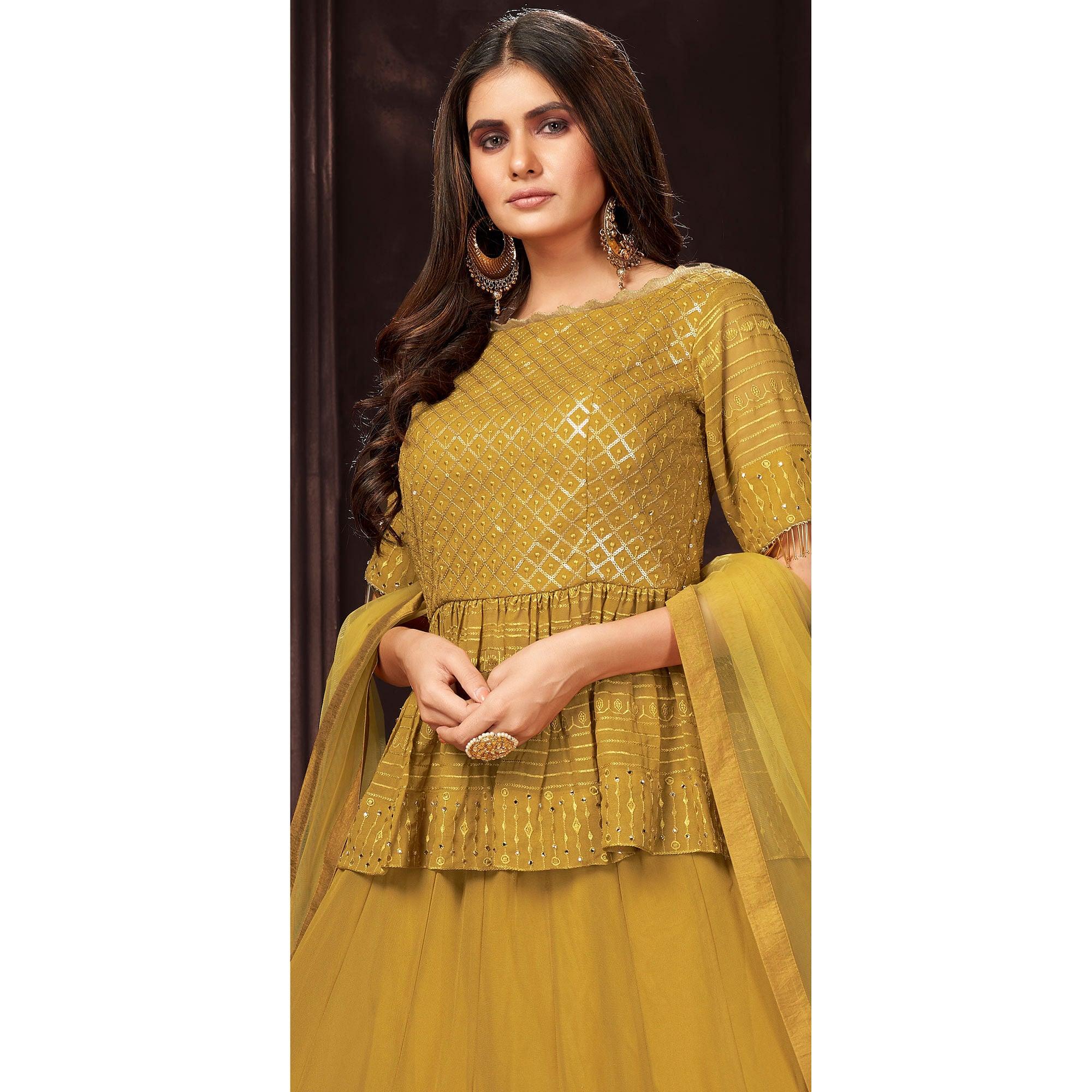 Yellow Sequence Embroidered Georgette Palazzo Suit - Peachmode