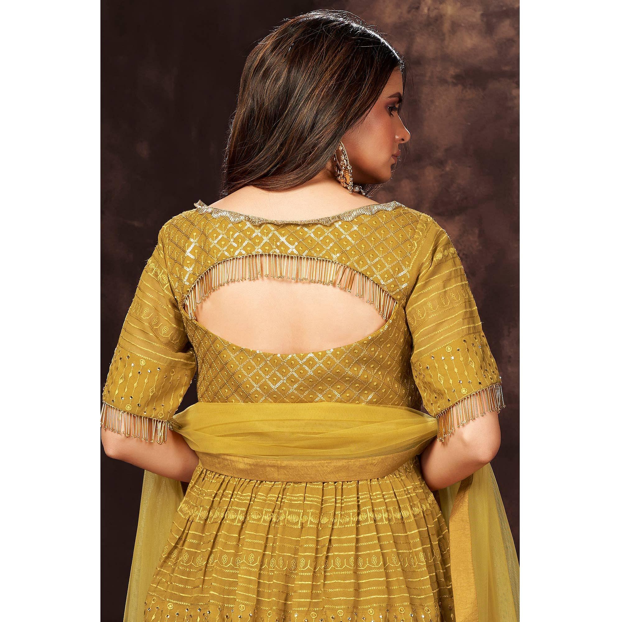 Yellow Sequence Embroidered Georgette Palazzo Suit - Peachmode