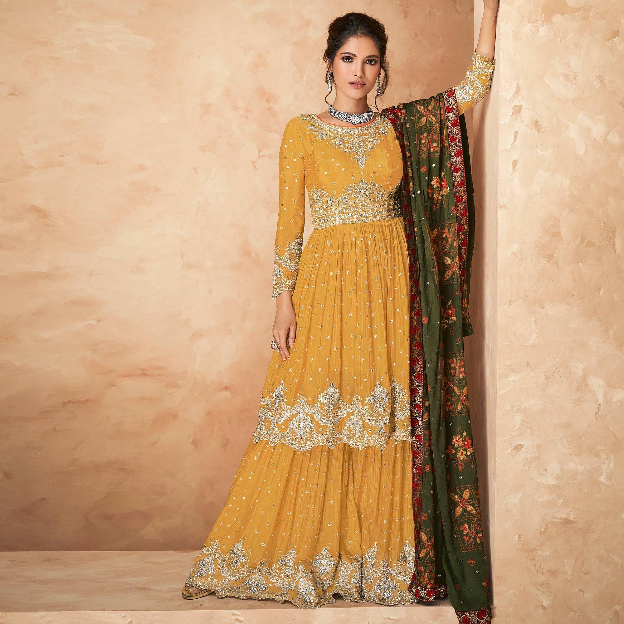 Yellow Sequence Embroidered Georgette Partywear Palazzo Suit - Peachmode