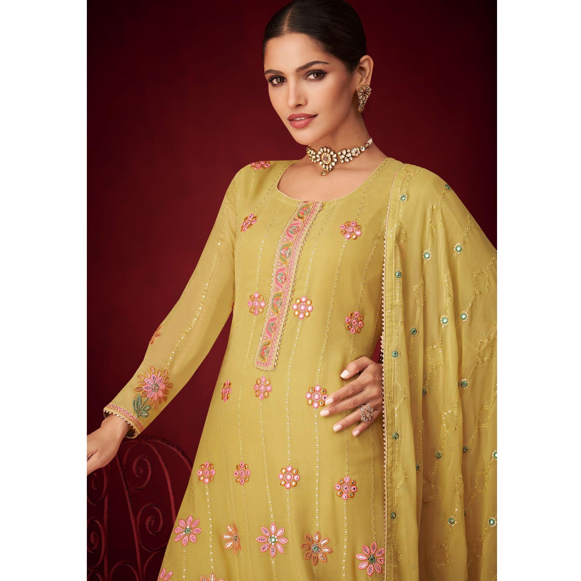 Yellow Sequence Embroidered Georgette Partywear Suit - Peachmode