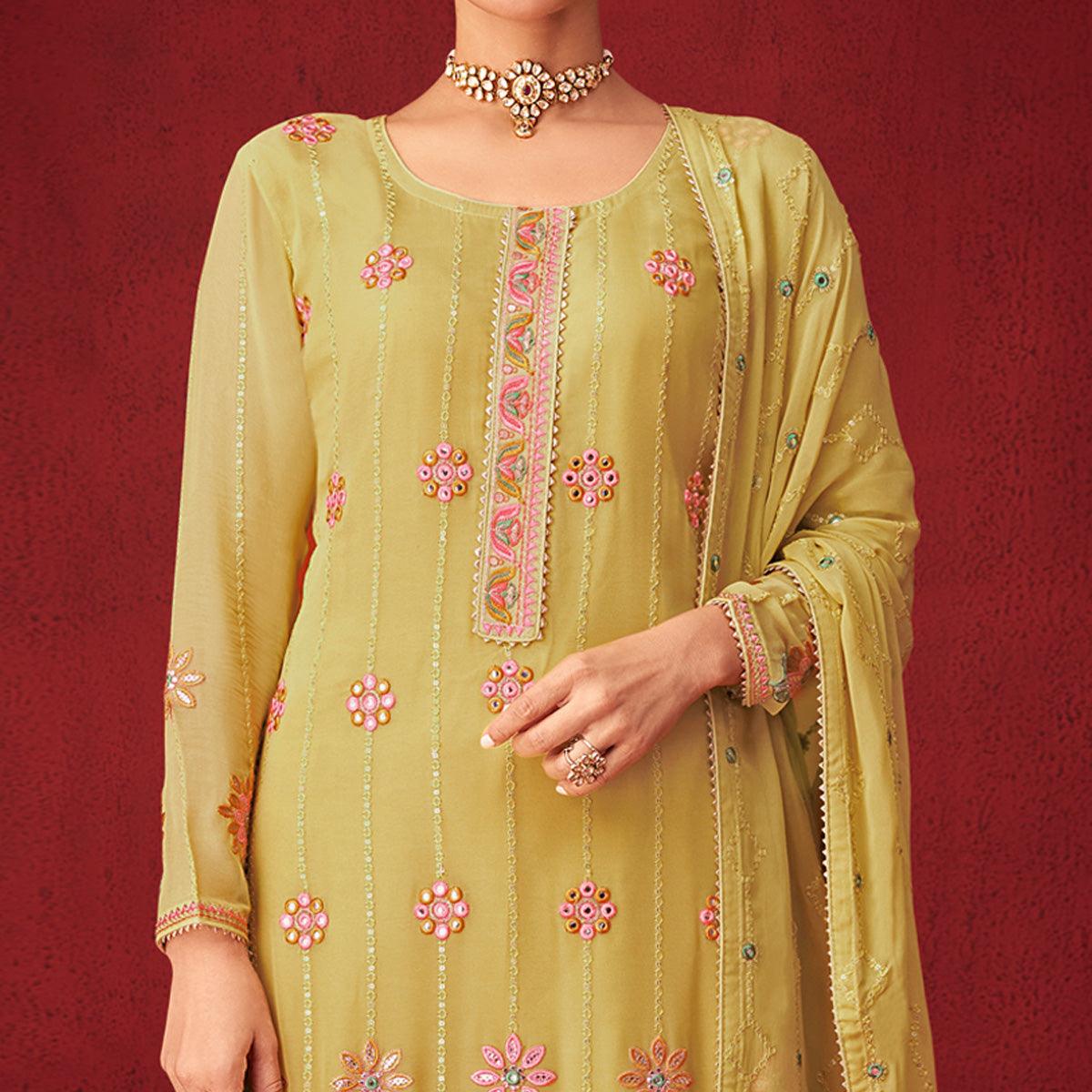 Yellow Sequence Embroidered Georgette Partywear Suit - Peachmode