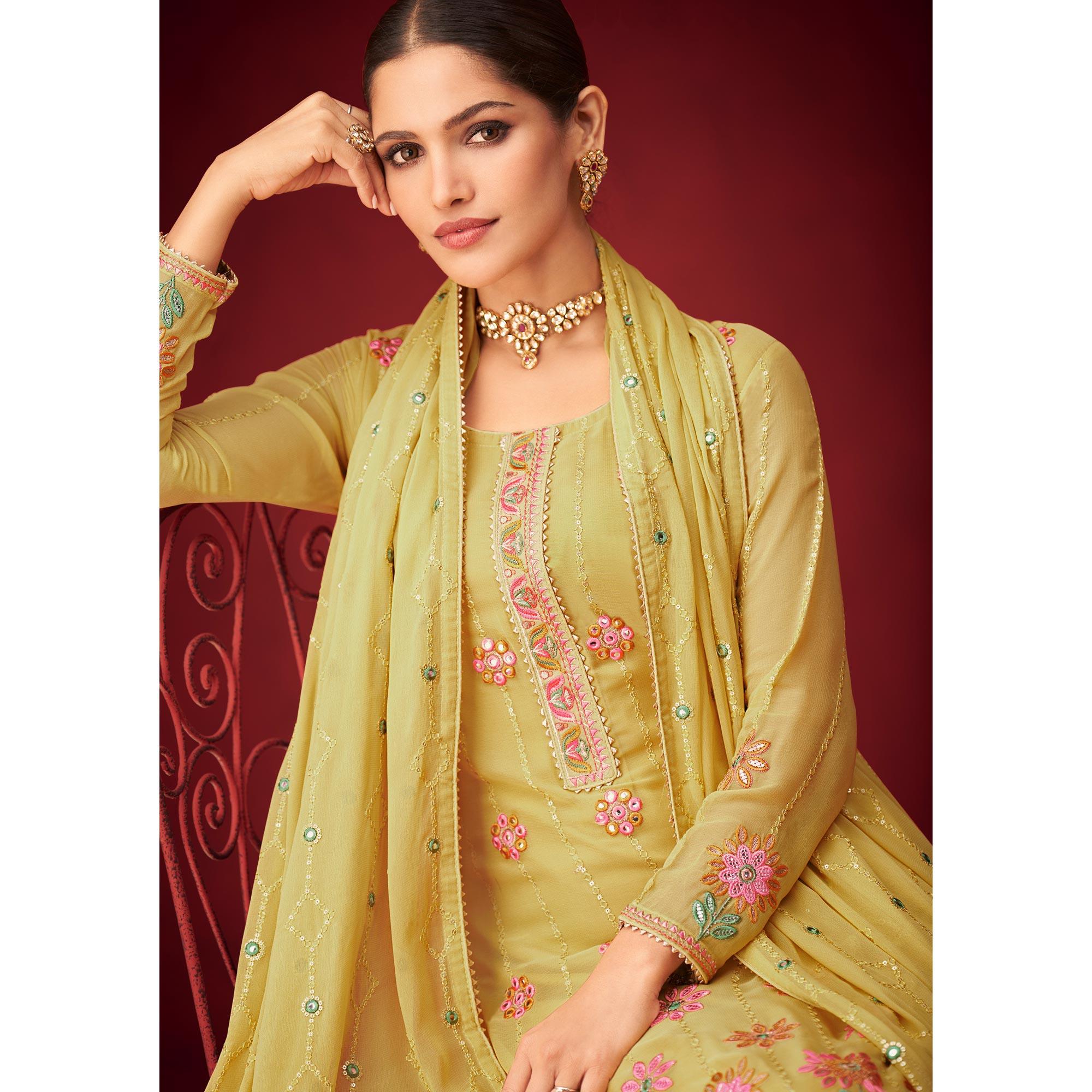 Yellow Sequence Embroidered Georgette Partywear Suit - Peachmode