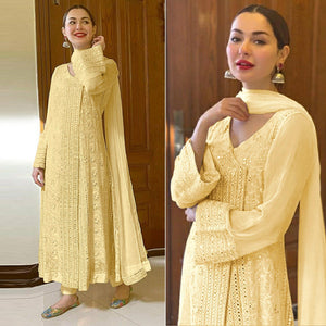 Yellow Sequence Embroidered Georgette Suit - Peachmode