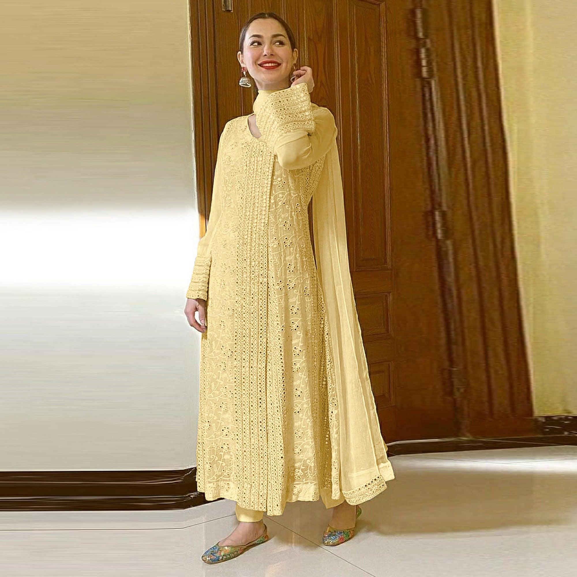 Yellow Sequence Embroidered Georgette Suit - Peachmode