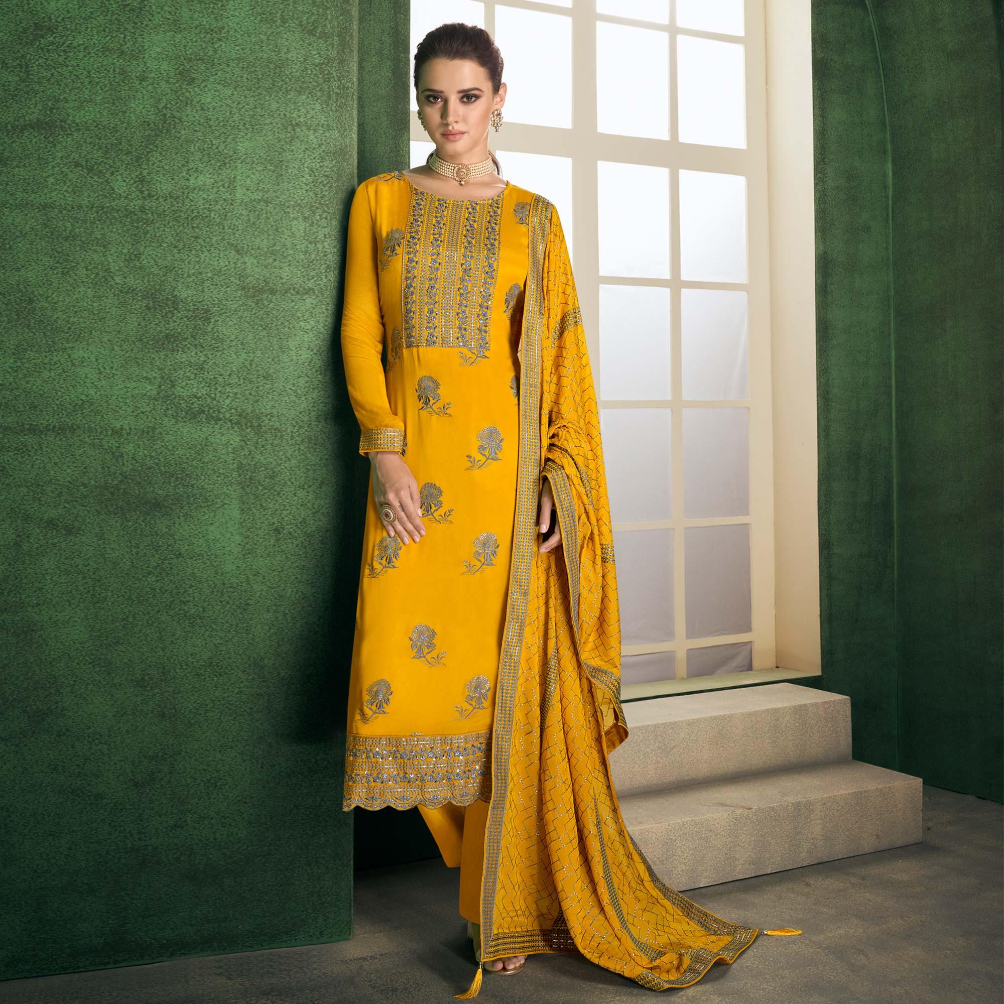 Yellow Sequence Embroidered Handwork Chiffon Partywear Suit - Peachmode