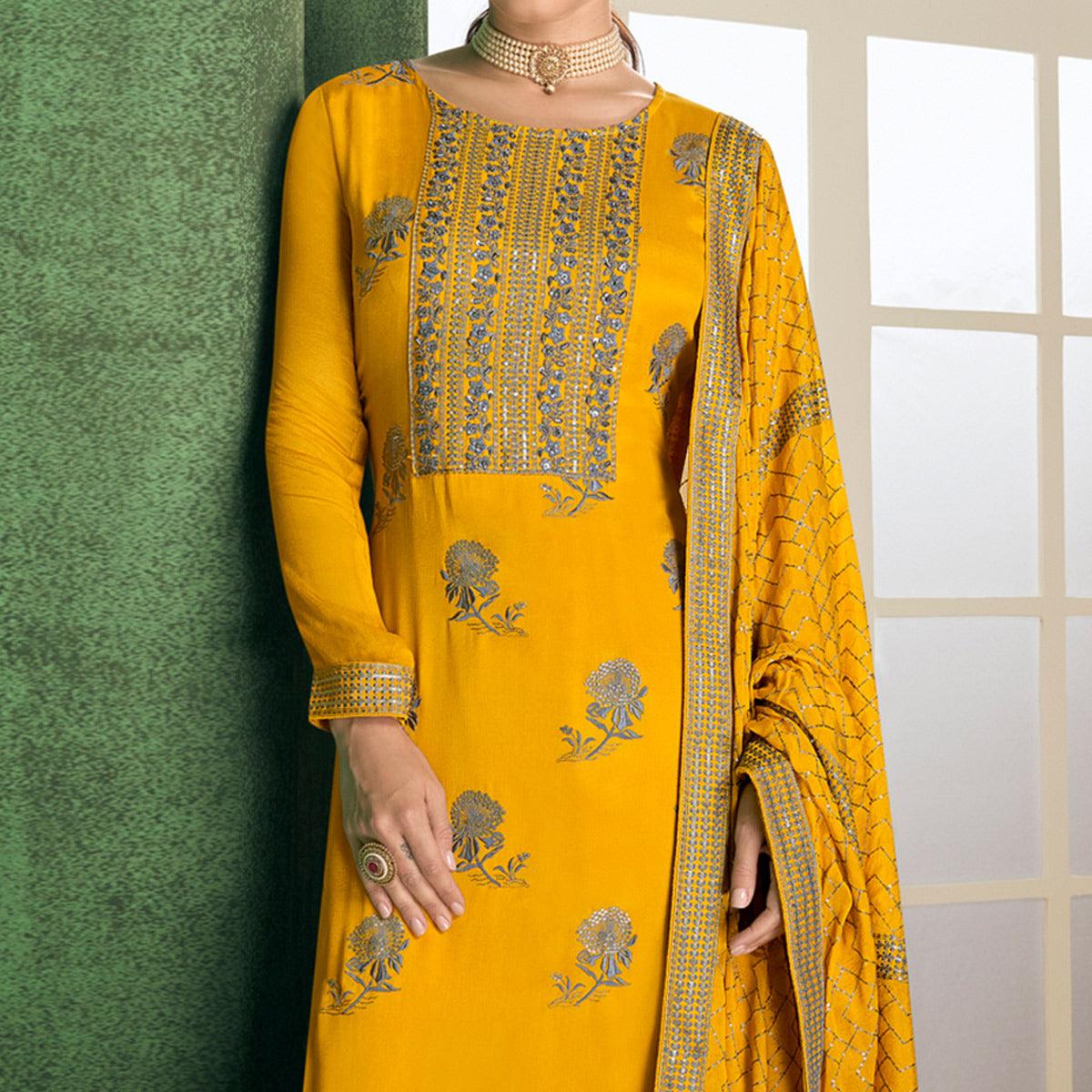 Yellow Sequence Embroidered Handwork Chiffon Partywear Suit - Peachmode