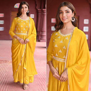 Yellow Sequence Embroidered Muslin Gown - Peachmode