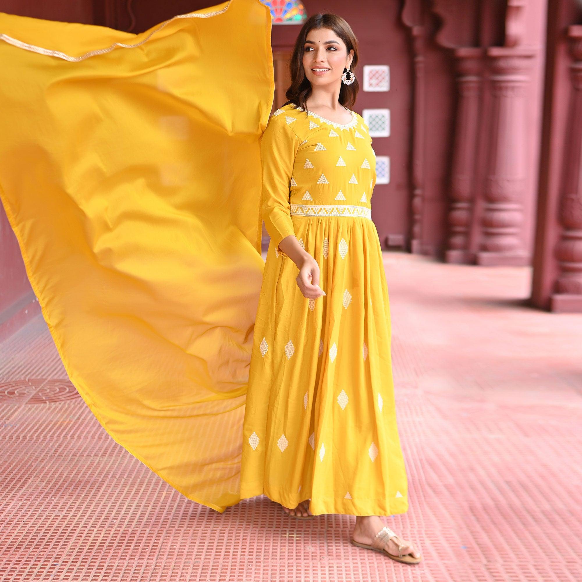 Yellow Sequence Embroidered Muslin Gown - Peachmode