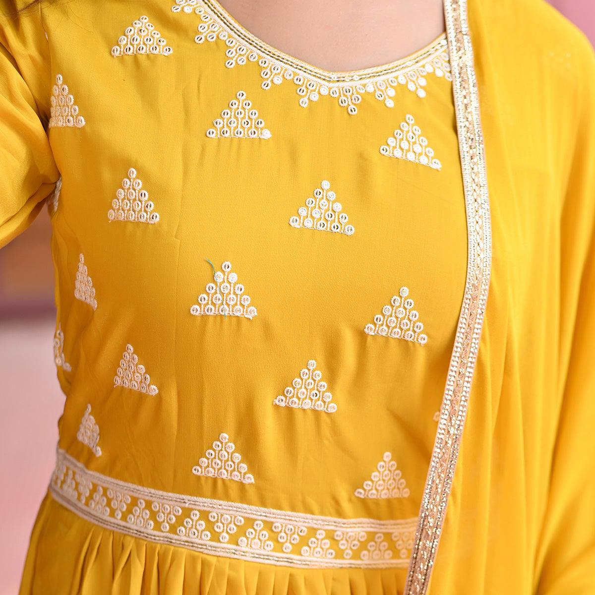 Yellow Sequence Embroidered Muslin Gown - Peachmode