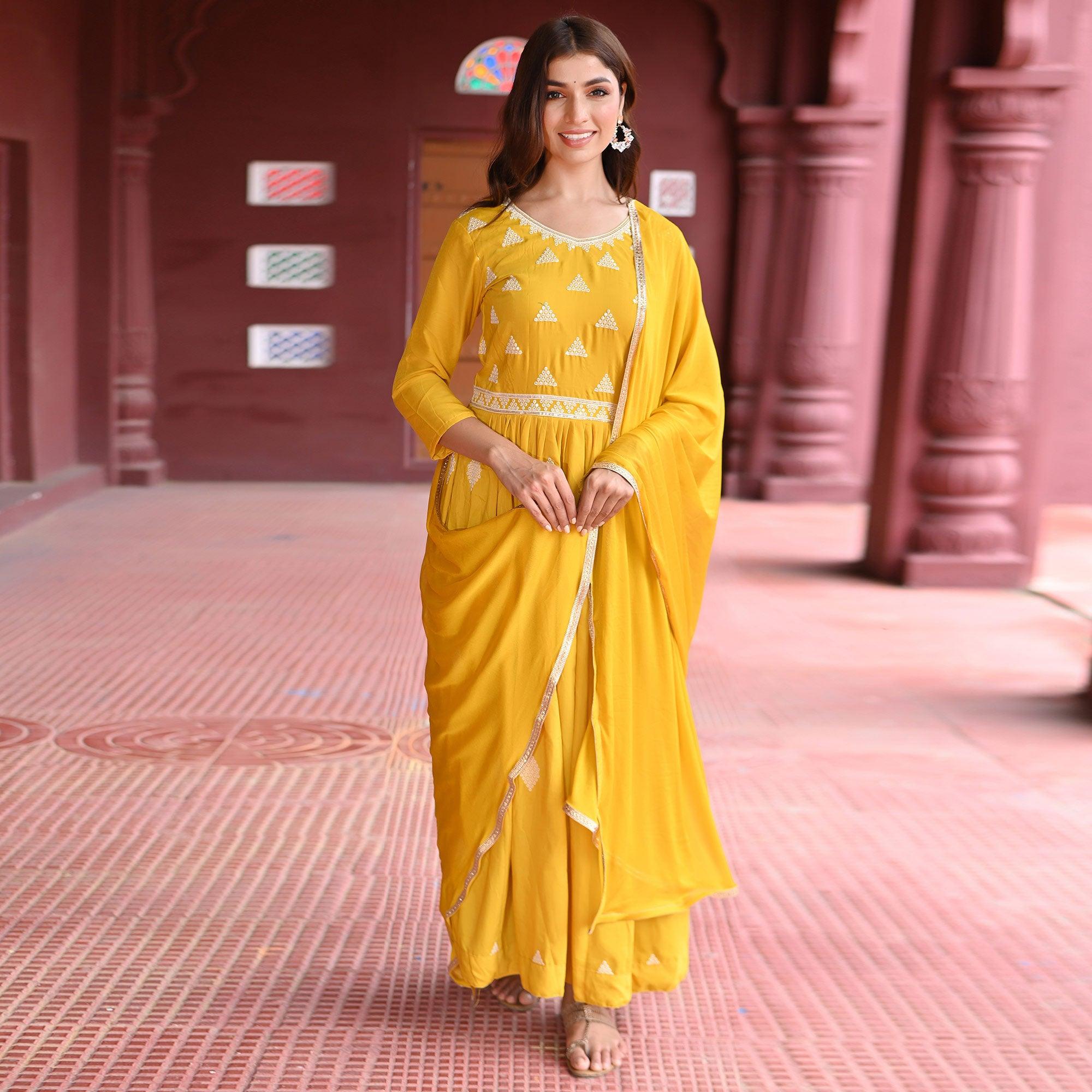 Yellow Sequence Embroidered Muslin Gown - Peachmode