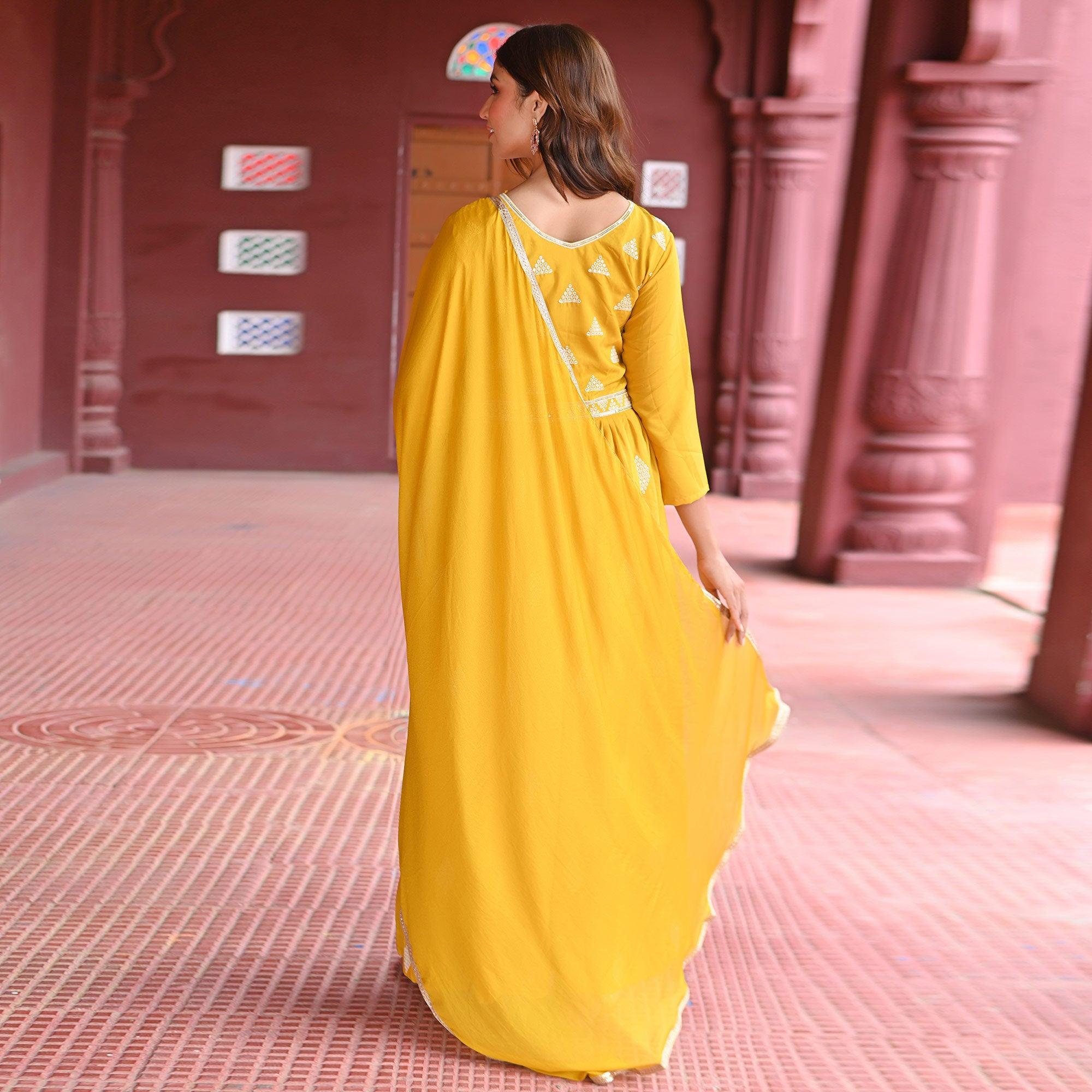 Yellow Sequence Embroidered Muslin Gown - Peachmode