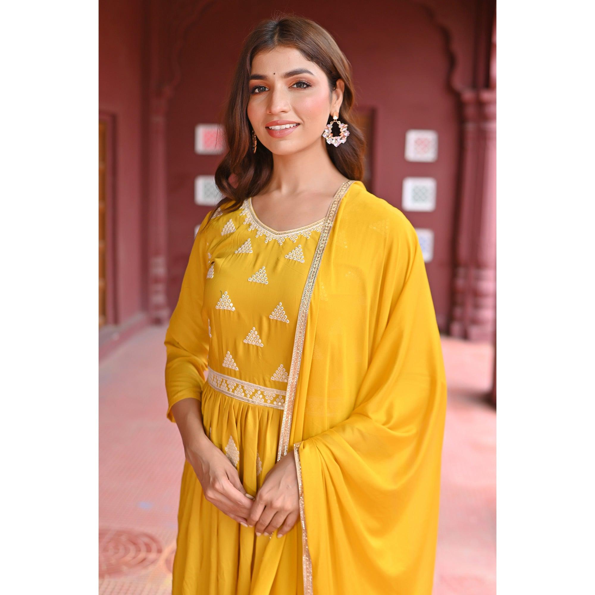 Yellow Sequence Embroidered Muslin Gown - Peachmode