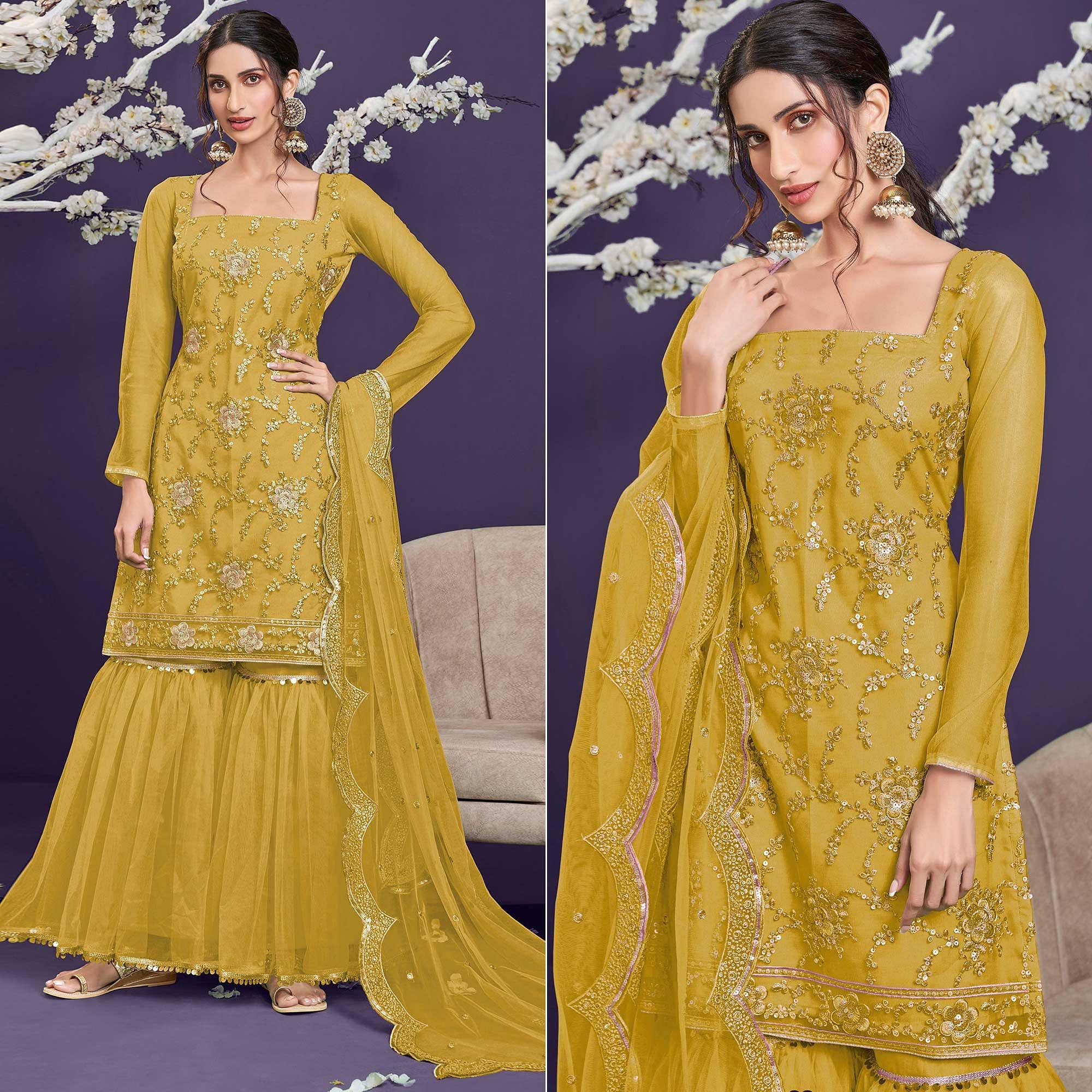 Yellow Sequence Embroidered Netted Sharara Suit - Peachmode