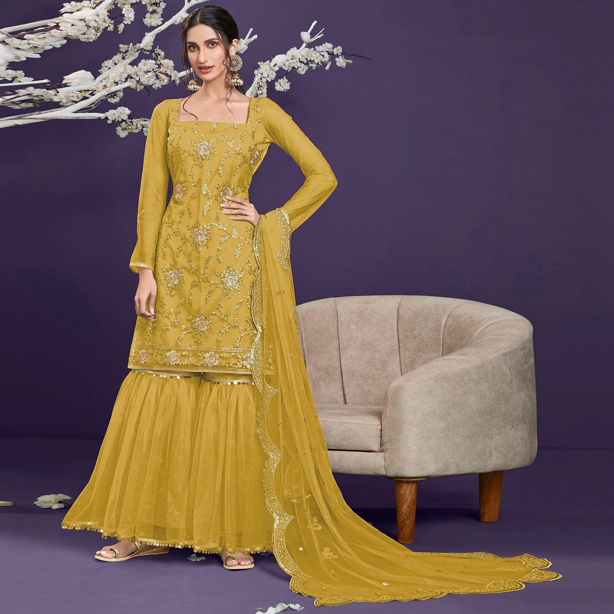 Yellow Sequence Embroidered Netted Sharara Suit - Peachmode