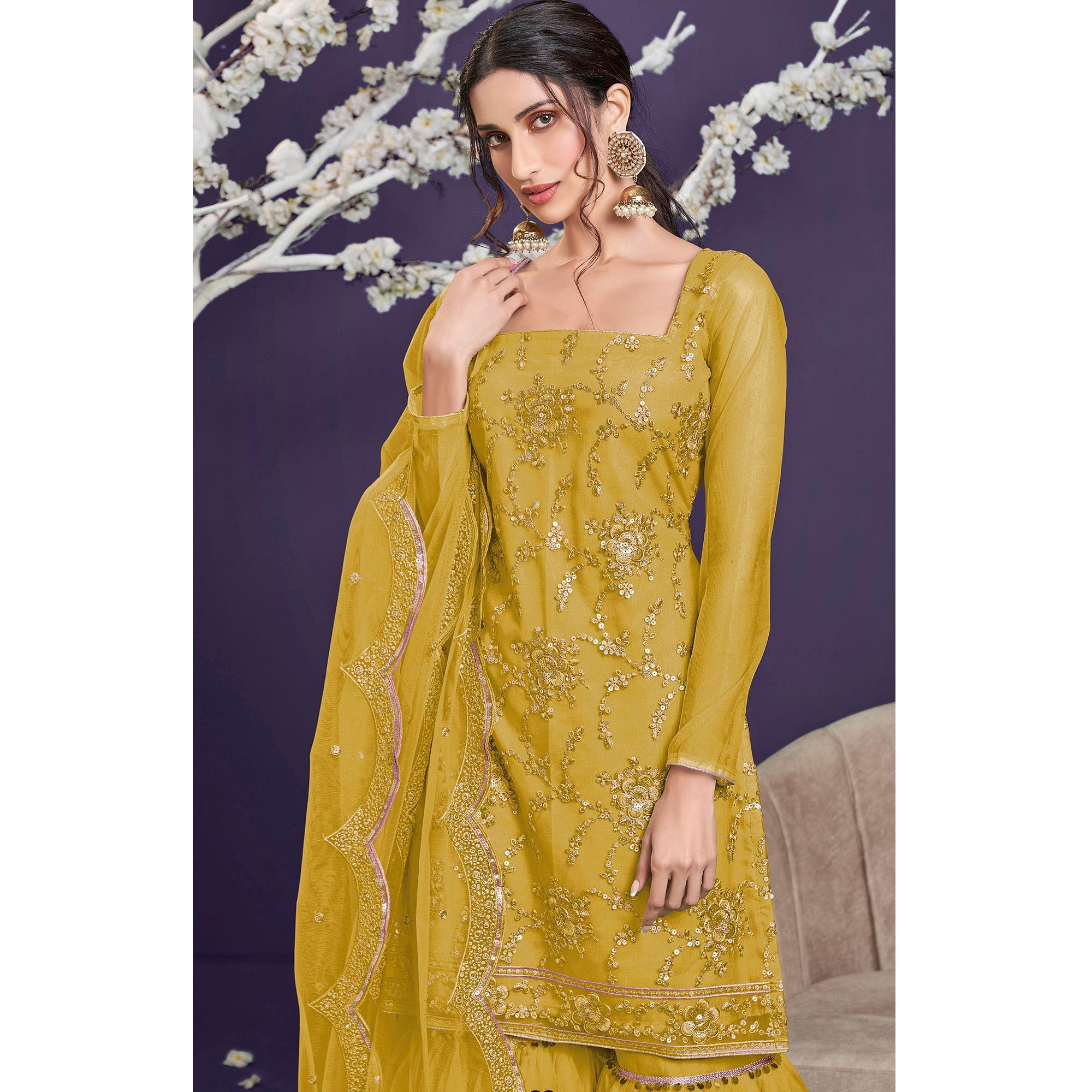 Yellow Sequence Embroidered Netted Sharara Suit - Peachmode