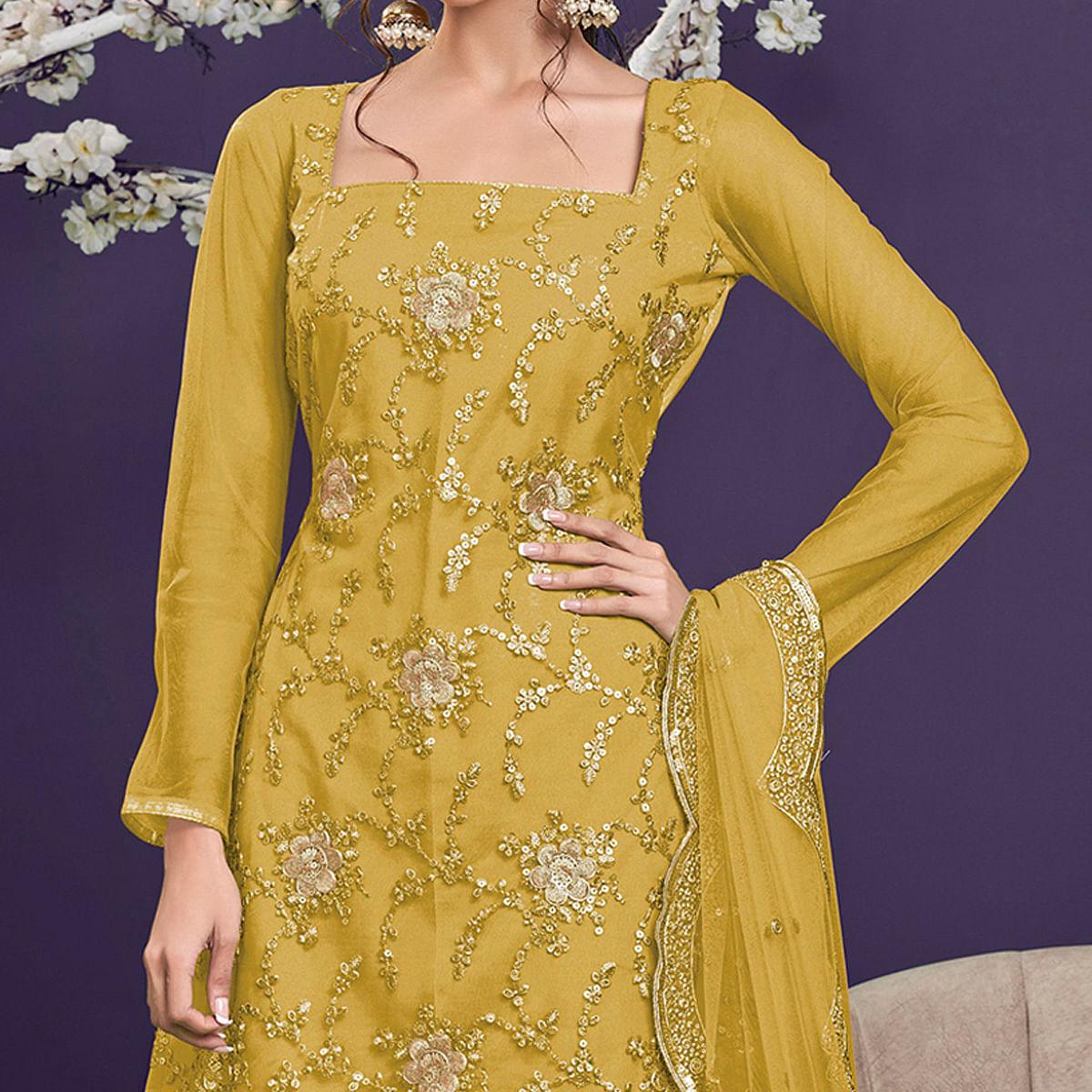 Yellow Sequence Embroidered Netted Sharara Suit - Peachmode