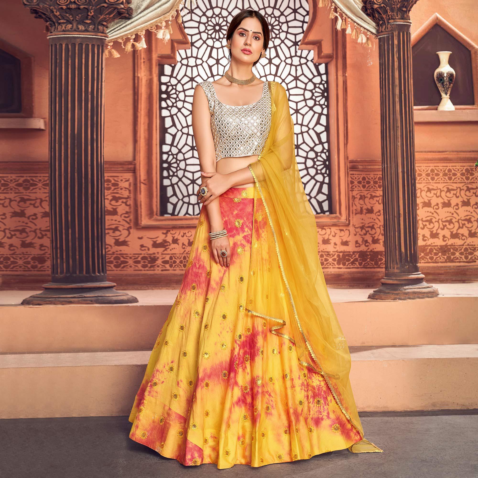 Yellow Sequence Embroidered Poly Cotton Lehenga Choli - Peachmode