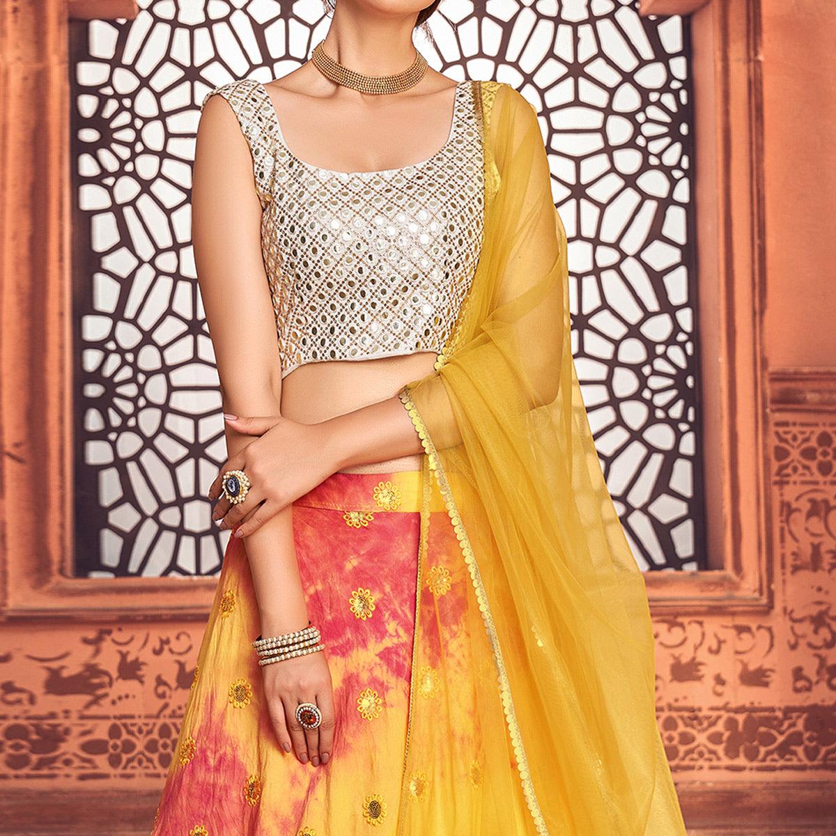 Yellow Sequence Embroidered Poly Cotton Lehenga Choli - Peachmode