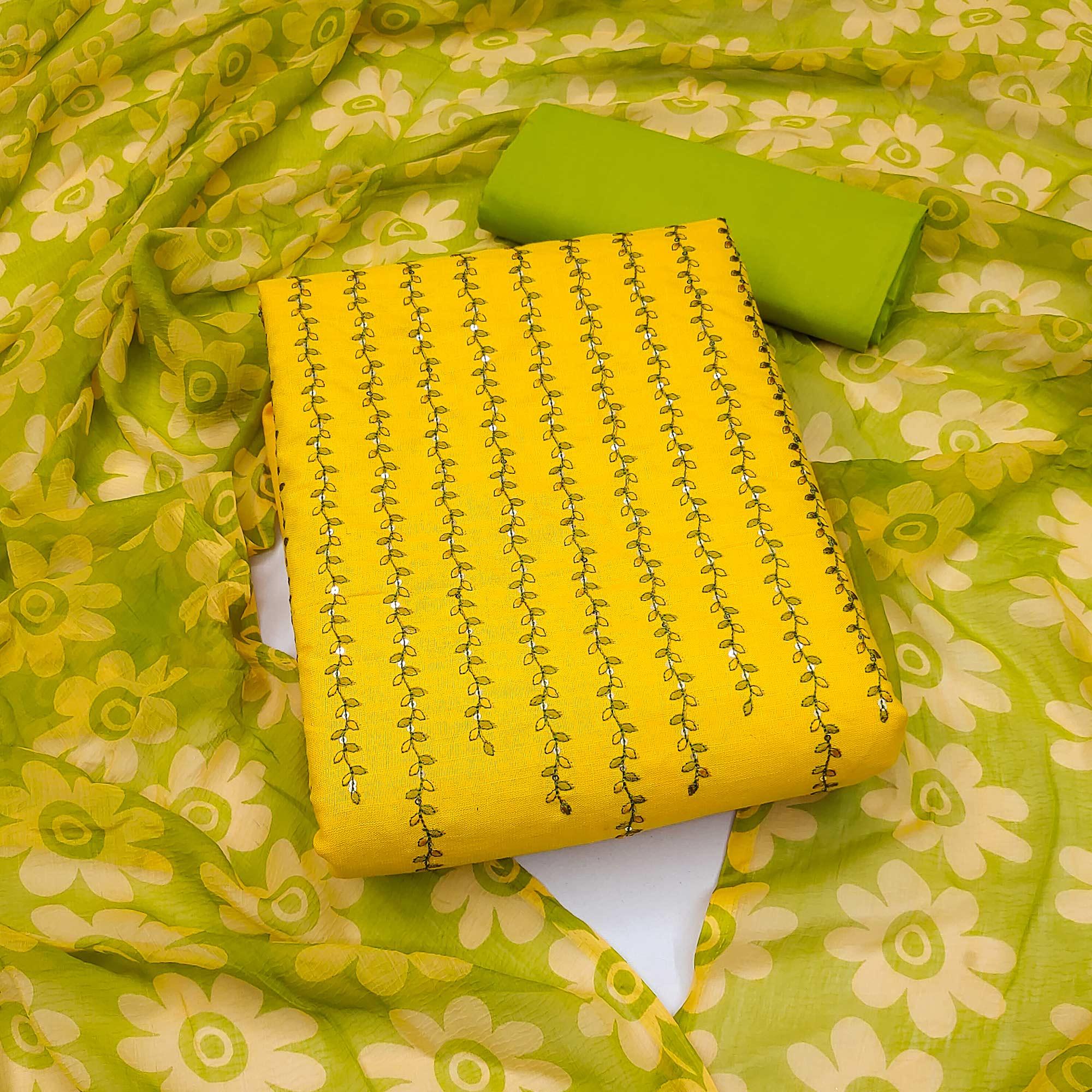 Yellow Sequence Embroidered Pure Cotton Dress Material - Peachmode